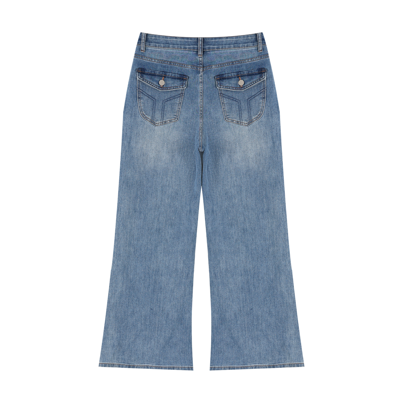 Woman wearing high-rise vintage wash wide leg jeans with a relaxed fit and straight hem