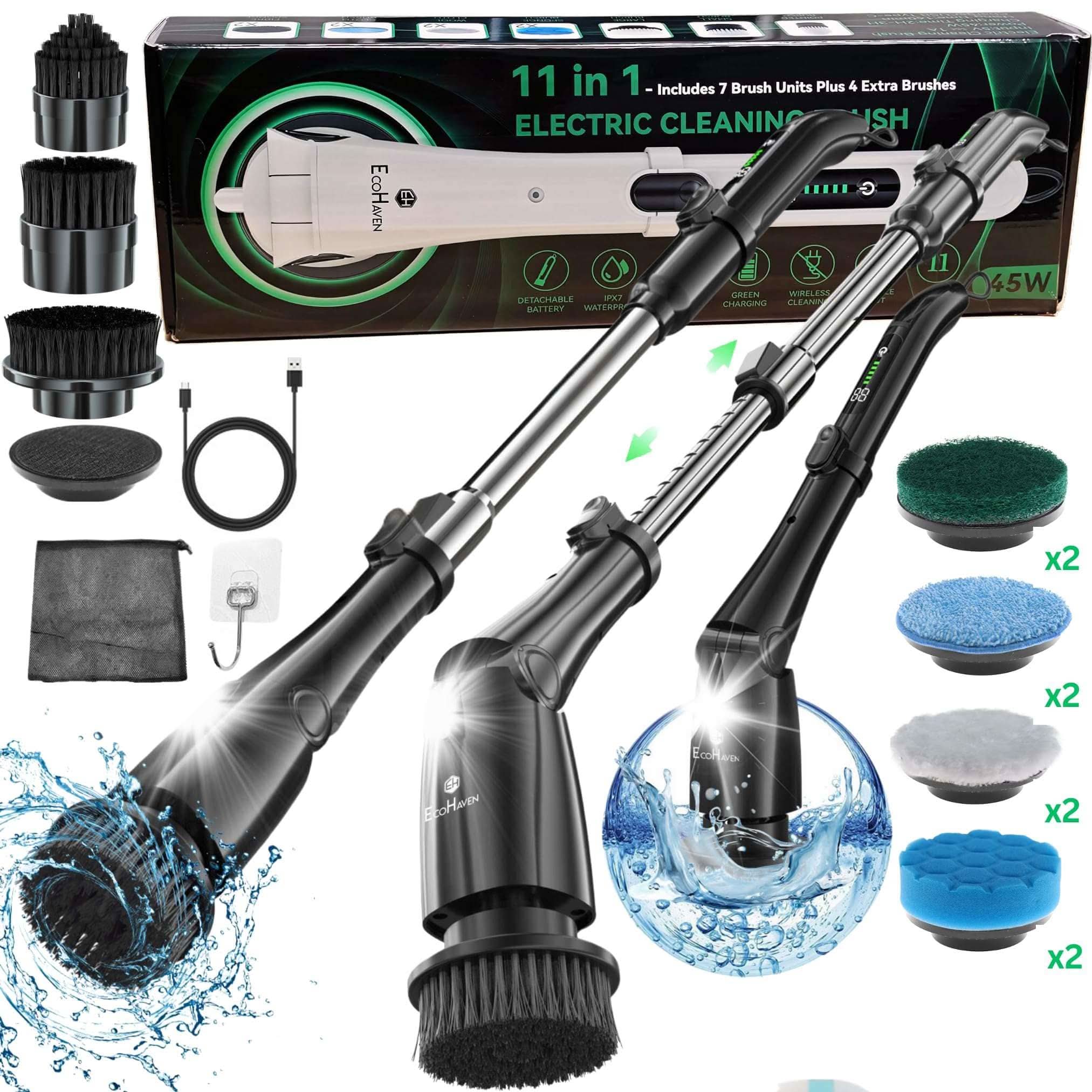 Electric Power Scrubber with 11 brush heads, built-in flashlight, rechargeable, ergonomic and waterproof for versatile home cleaning
