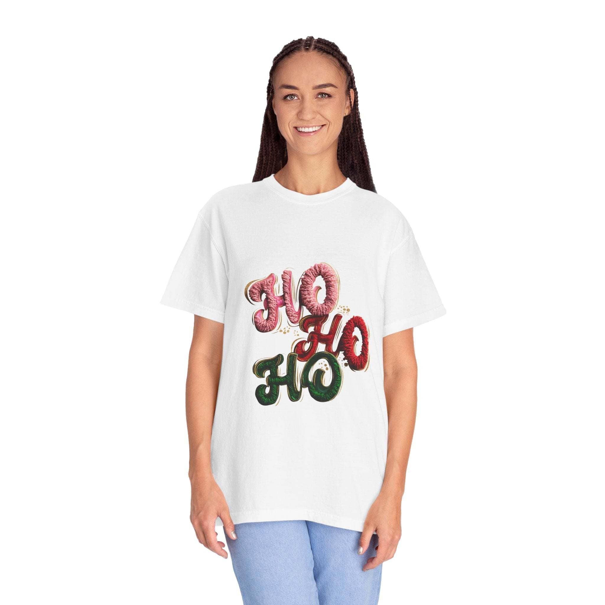 Woman wearing white T-shirt with faux puffy crochet Ho Ho Ho Christmas graphic design