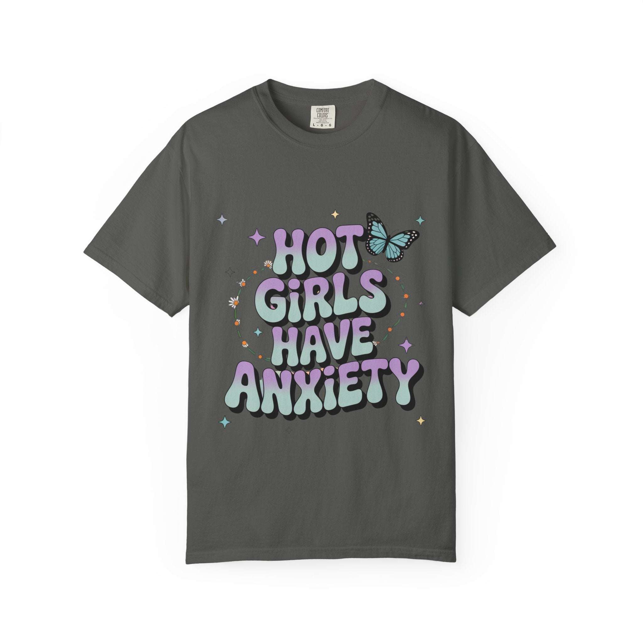 Unisex black t-shirt with 'Hot Girls Have Anxiety' graphic, casual wear by Printify