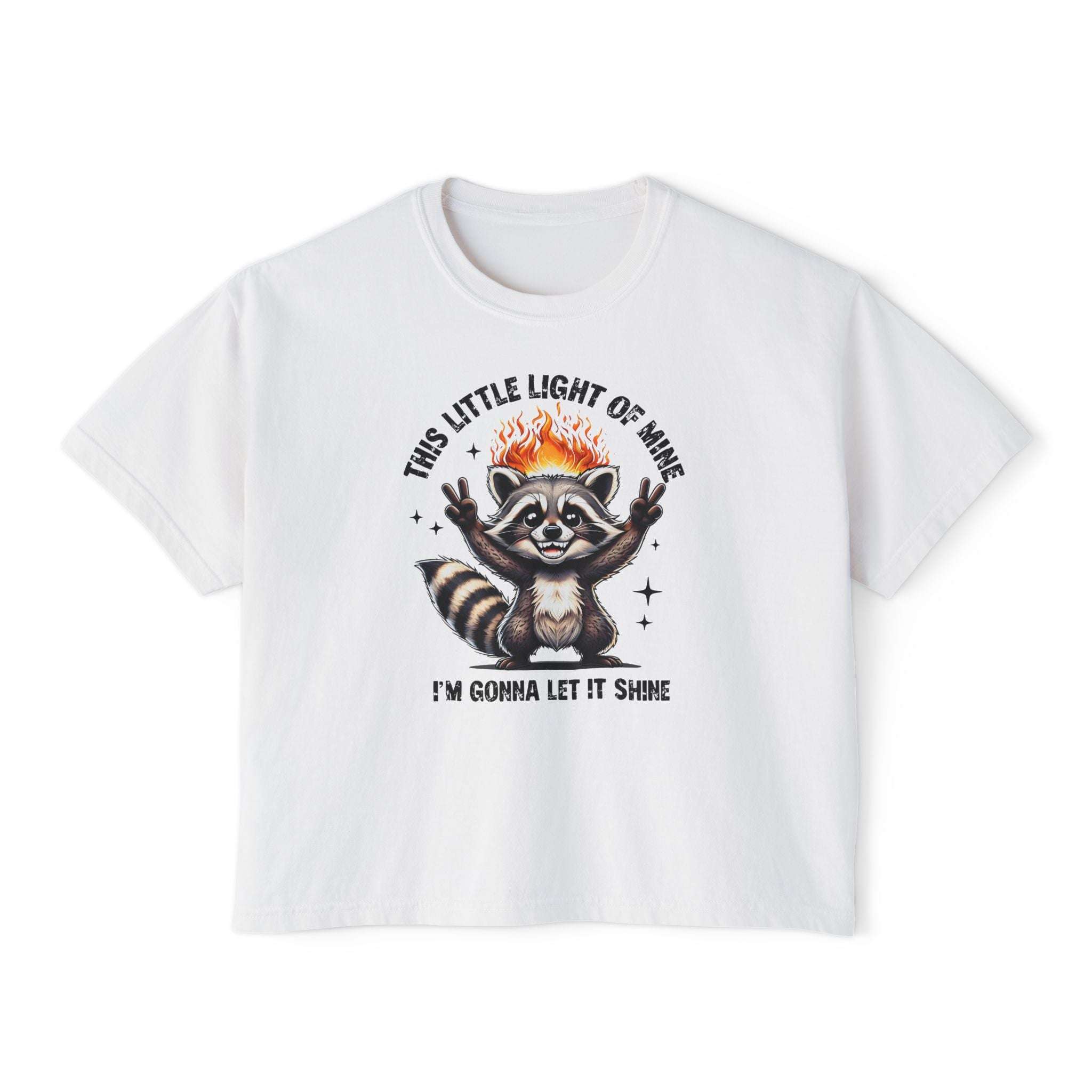 White t-shirt with a raccoon graphic and text on a white background