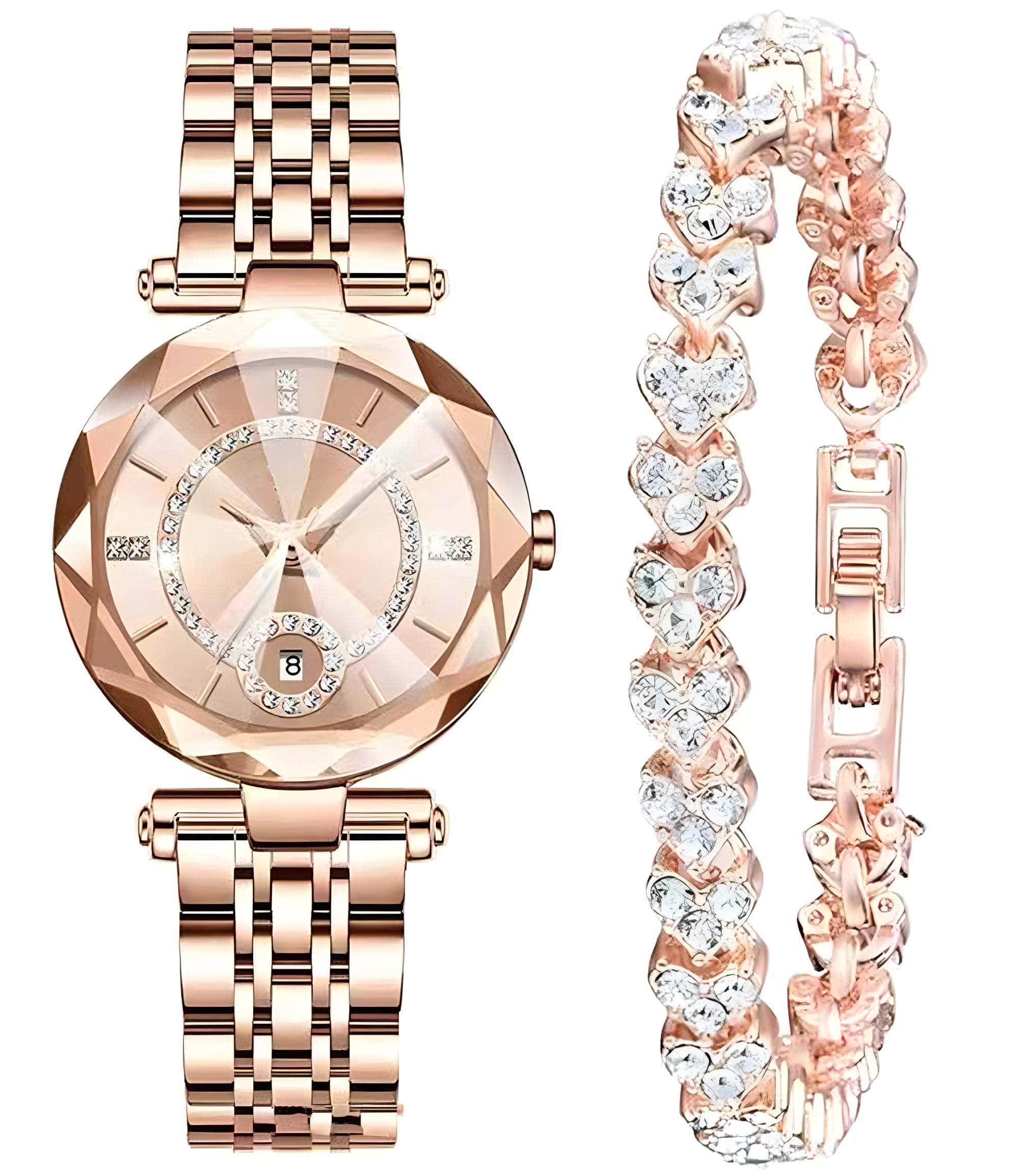 Rose Gold Elegant Womens Watch Set with analog display and premium Japanese movement