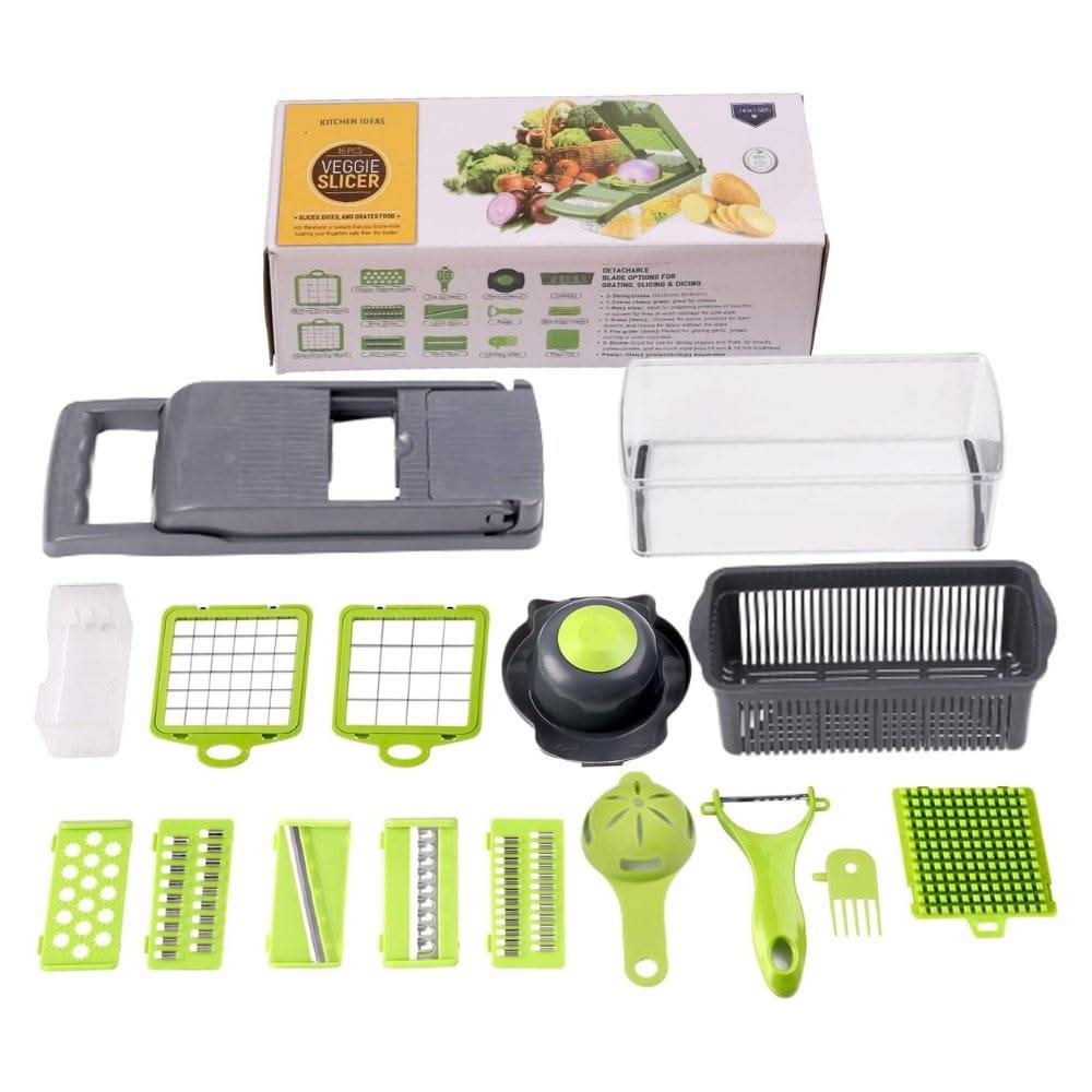 16 in 1 Multifunctional Vegetable Chopper with multiple interchangeable blades for chopping, slicing, and dicing vegetables