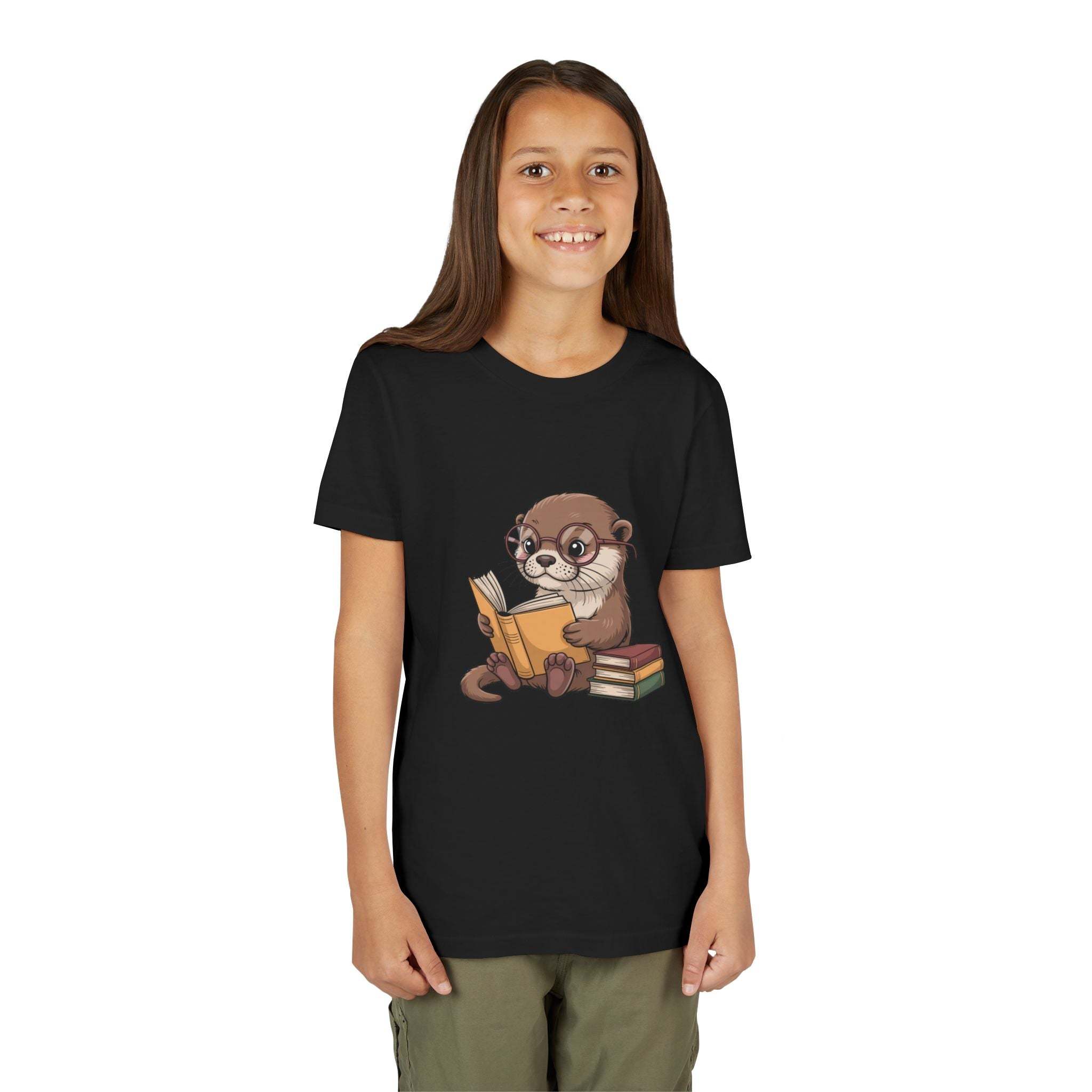 Youth wearing black Reading Otter Youth Tee with otter reading book graphic
