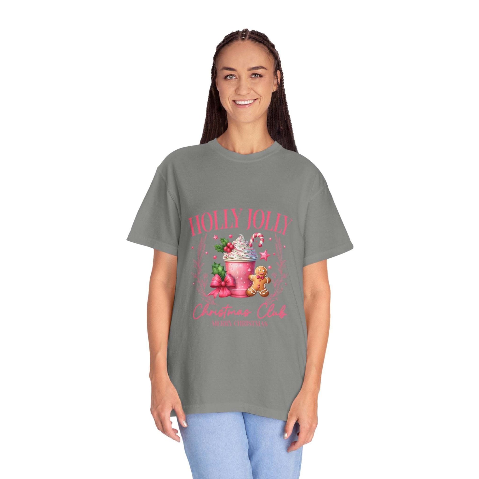 Unisex garment-dyed black Christmas t-shirt with 'Holly Jolly Christmas Club' design by Printify
