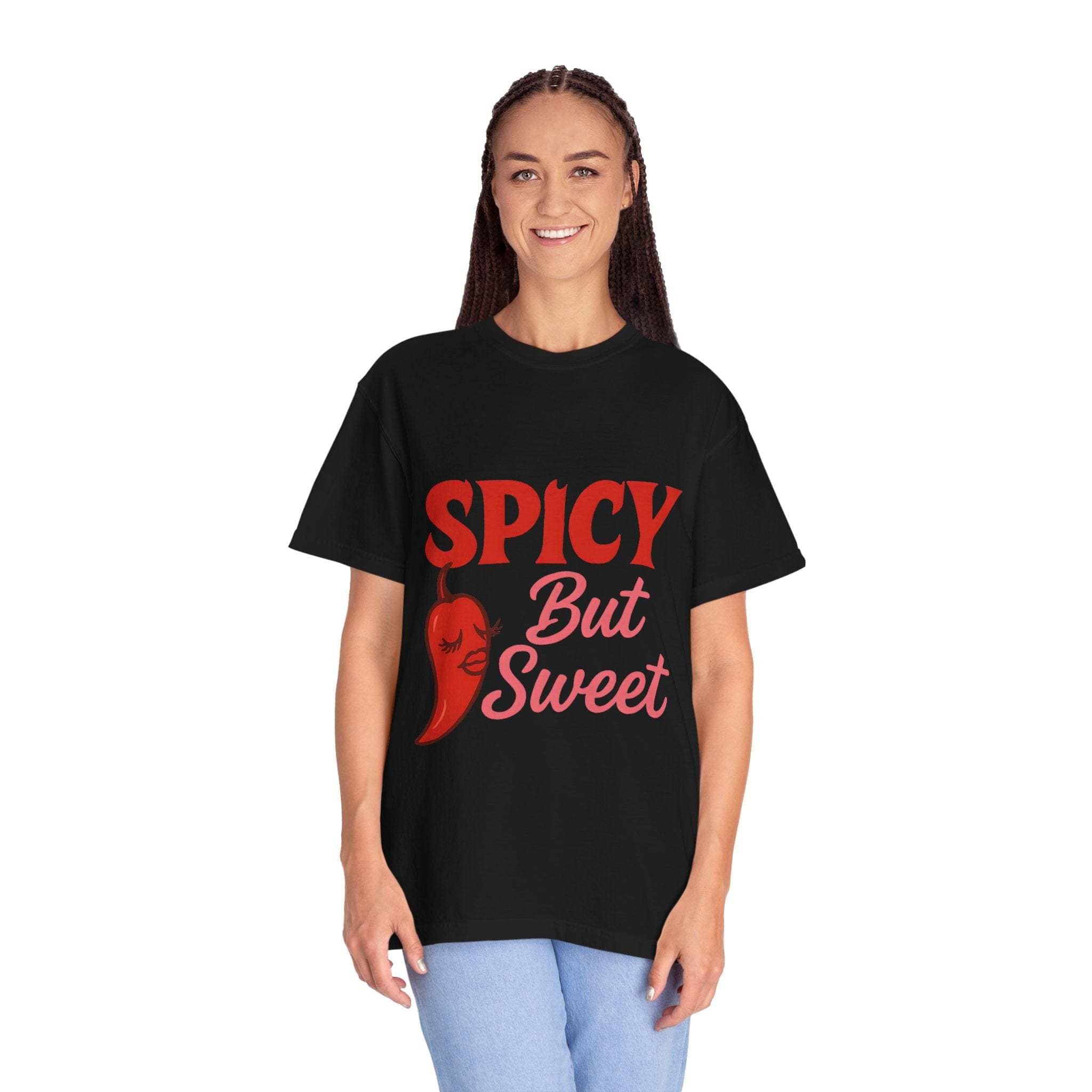 woman wearing black spicy but sweet t-shirt with chili pepper graphic unisex garment-dyed tee