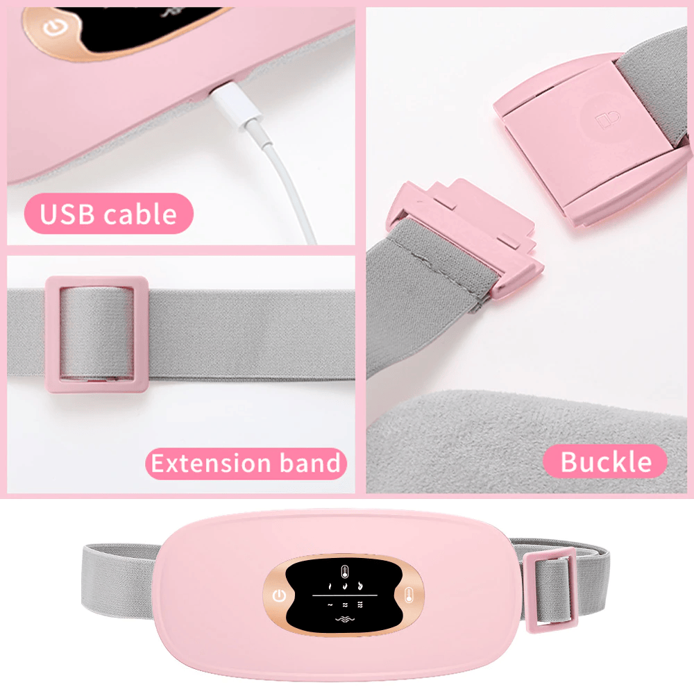 Pink heated menstrual relief vibrating belt with adjustable fit and quick heating features