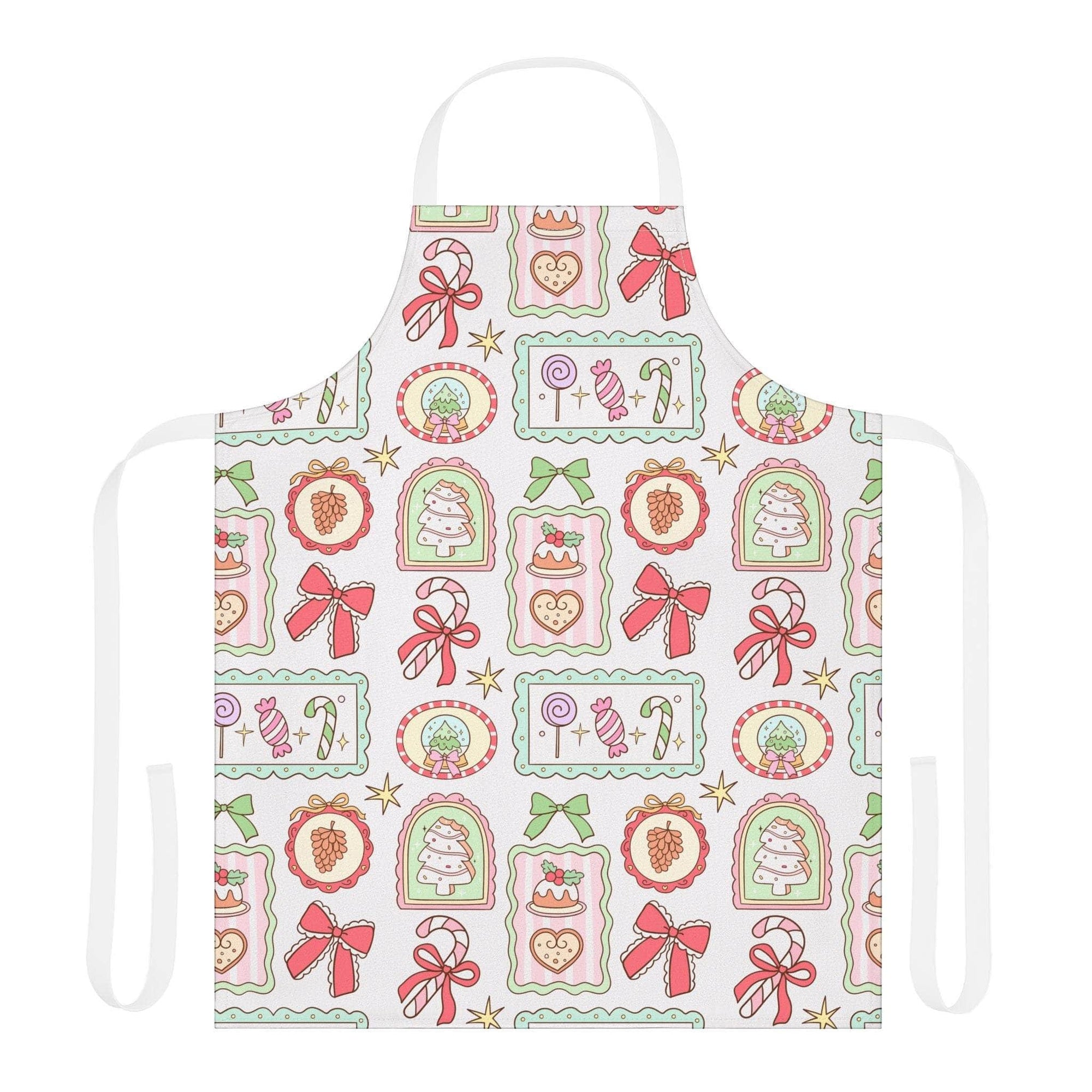Retro Christmas Frames apron with festive bows and vintage holiday design on polyester fabric