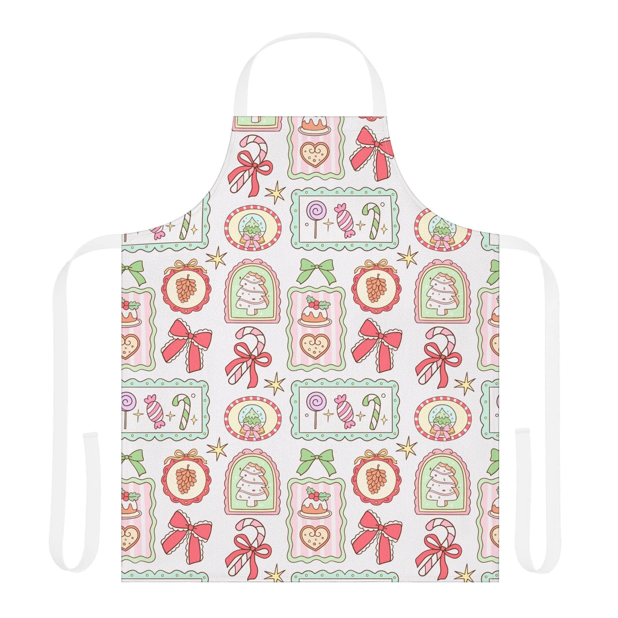 Retro Christmas Frames apron with festive bows and vintage holiday design on polyester fabric
