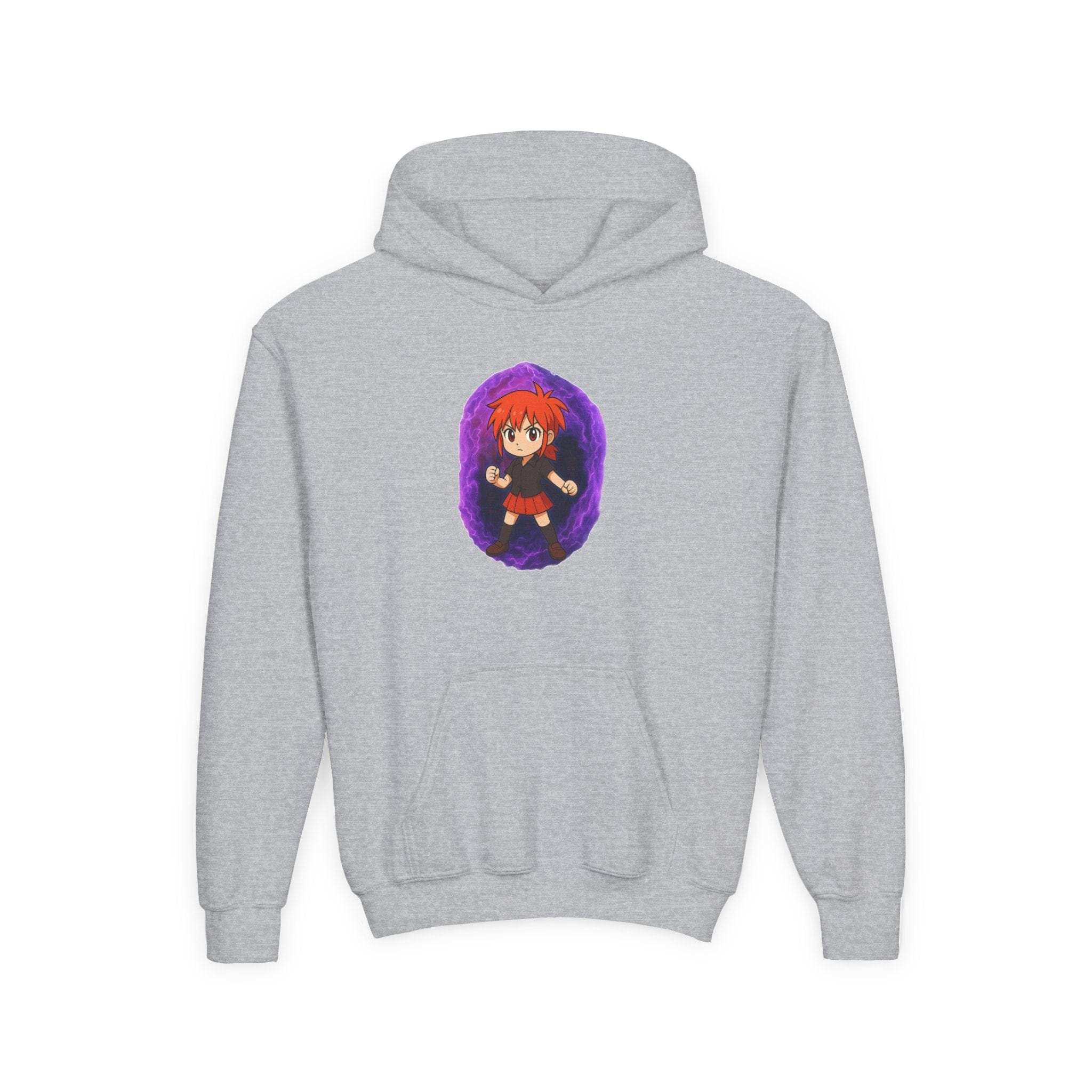 Purple Power Girl youth hoodie sweatshirt by Printify, featuring vibrant anime graphics and a cozy fit.