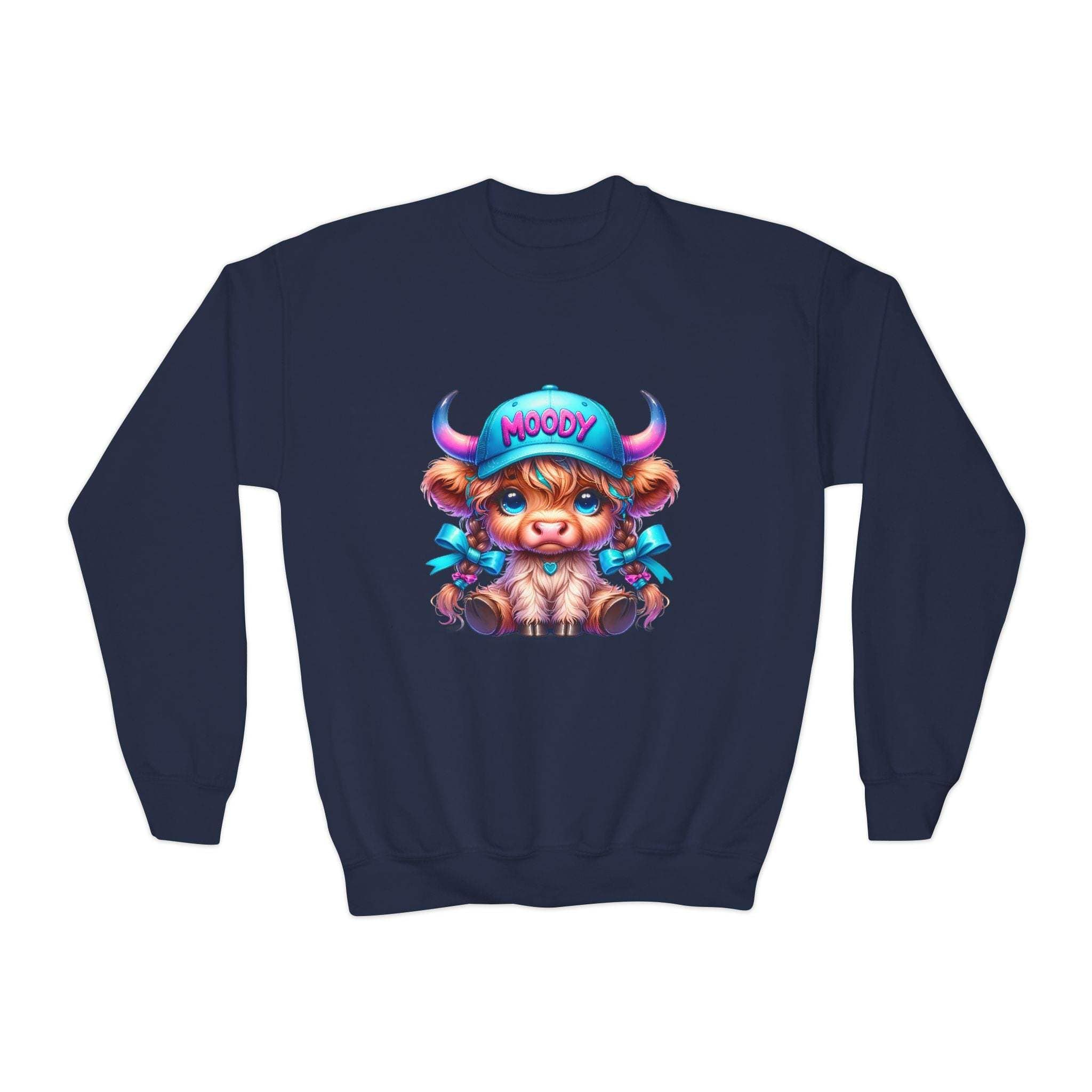 Moody Girl Highland Cow youth sweatshirt with playful cow graphic on navy blue fabric