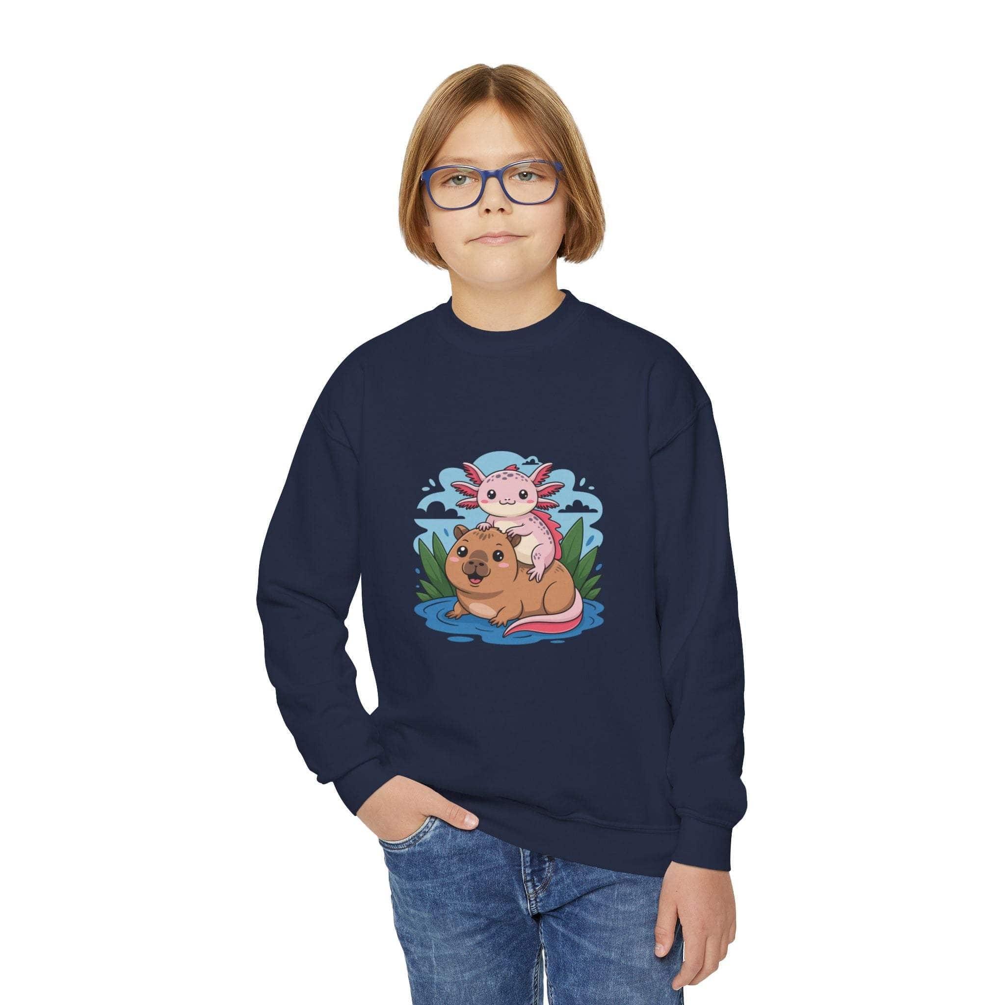 Child wearing a navy blue sweatshirt with a cartoon design on a white background
