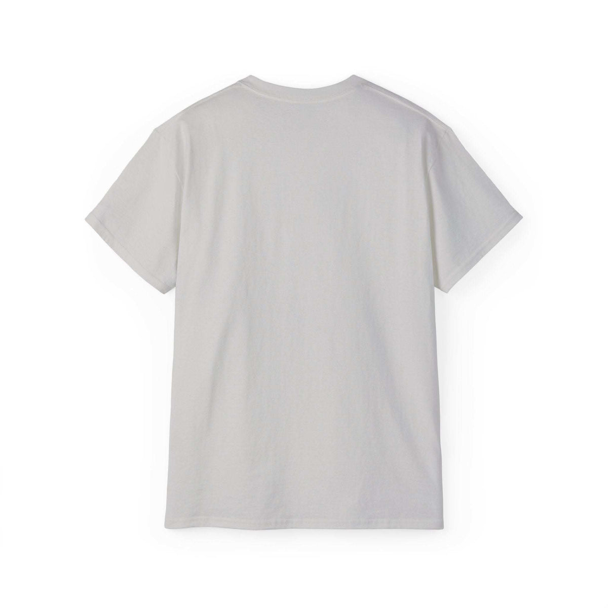 White t-shirt with retro patchwork reindeer design wearing blue scarf and surrounded by snowflakes