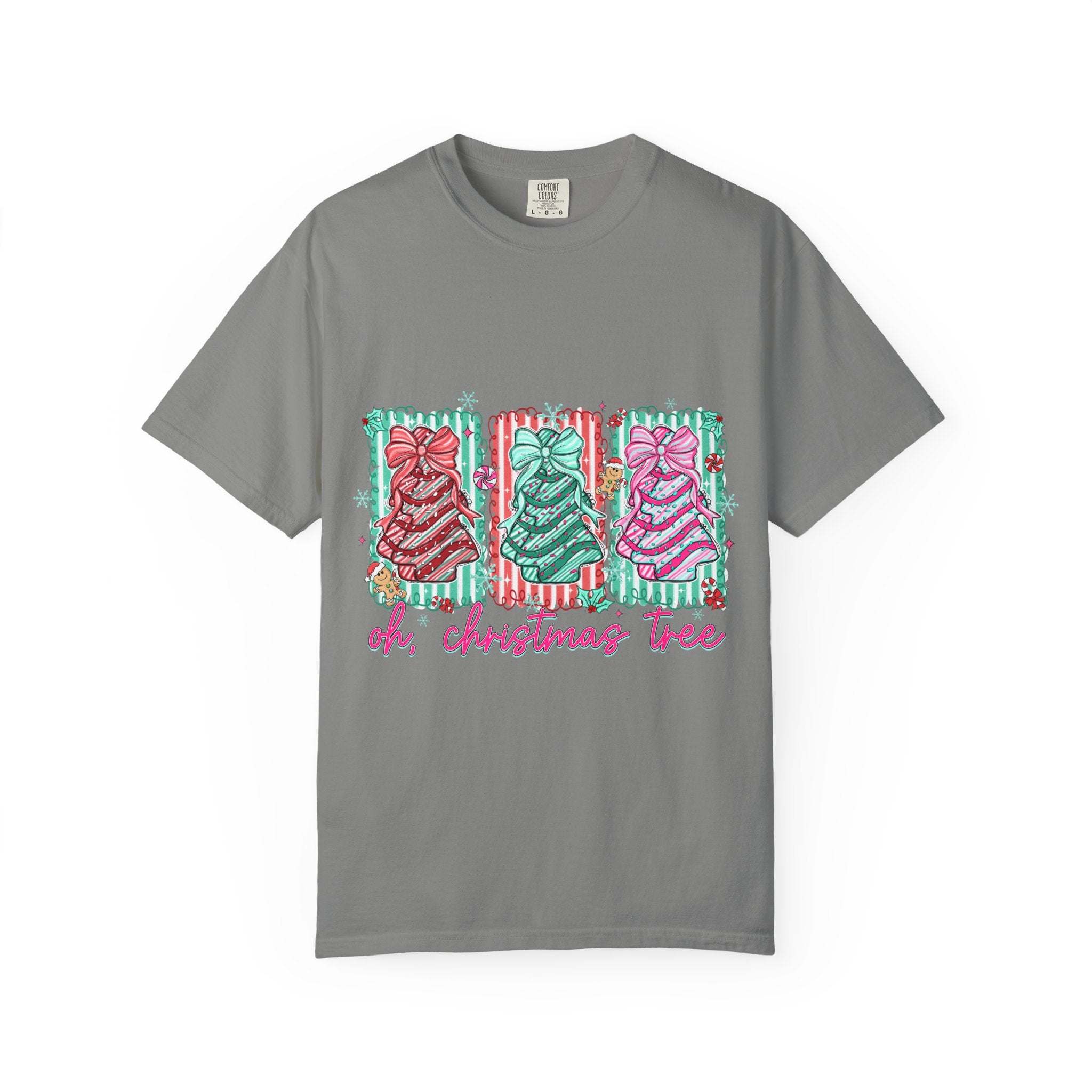 Oh Christmas Tree T-shirt with festive preppy Christmas tree design on gray garment-dyed fabric