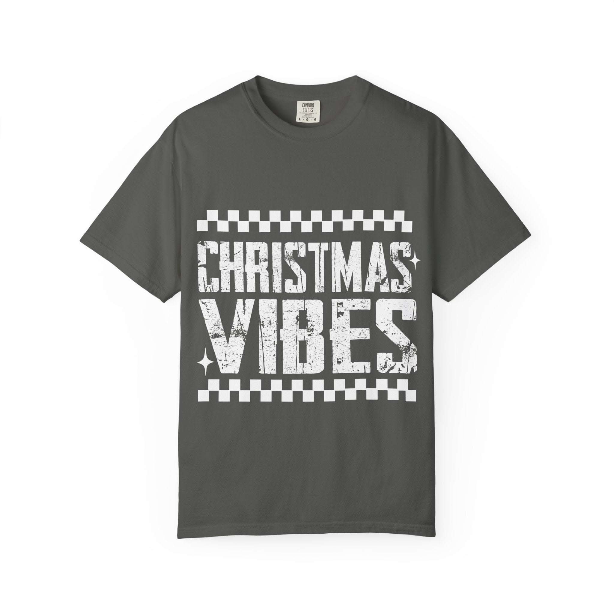 Distressed Christmas Vibes garment-dyed vintage holiday t-shirt with faded graphics and soft comfort