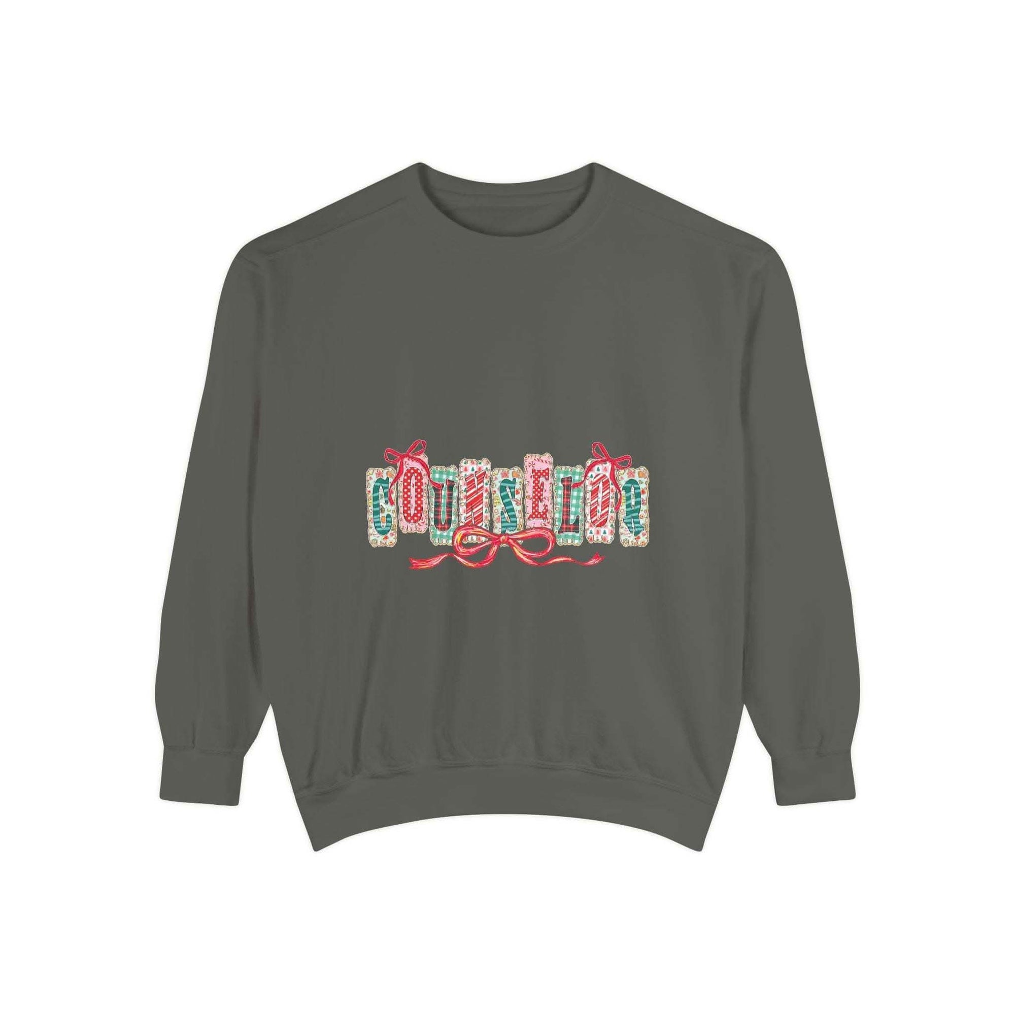 Garment-dyed True Navy sweatshirt with festive Christmas design, perfect for holiday gifting, by Printify