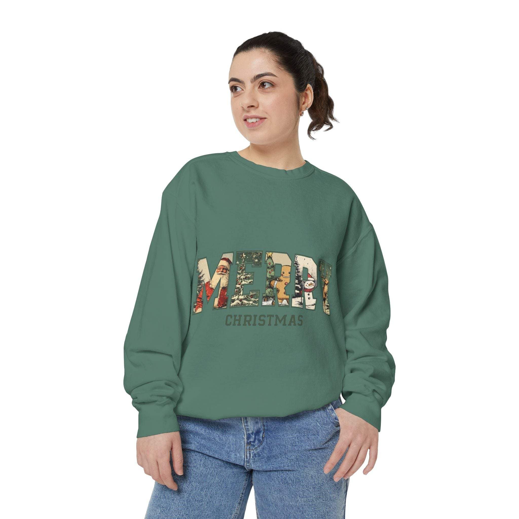 woman wearing green Vintage Varsity Merry Christmas sweatshirt with relaxed fit and festive print