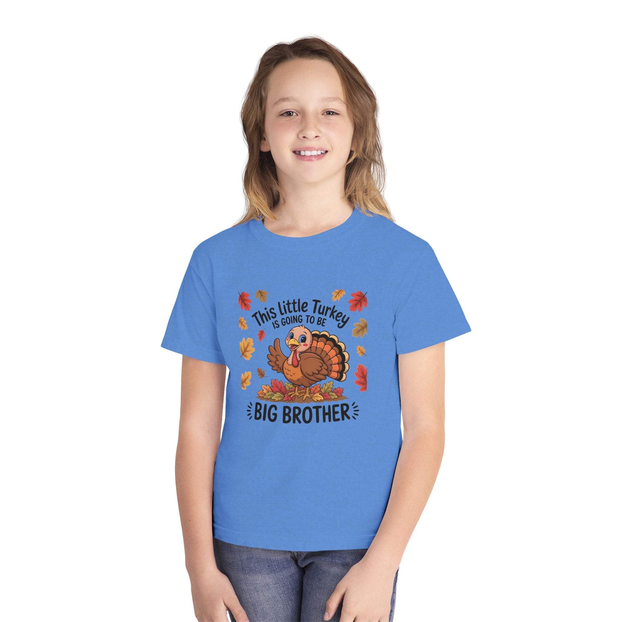 Youth tee Big Brother Thanksgiving announcement shirt with turkey and autumn leaves design.