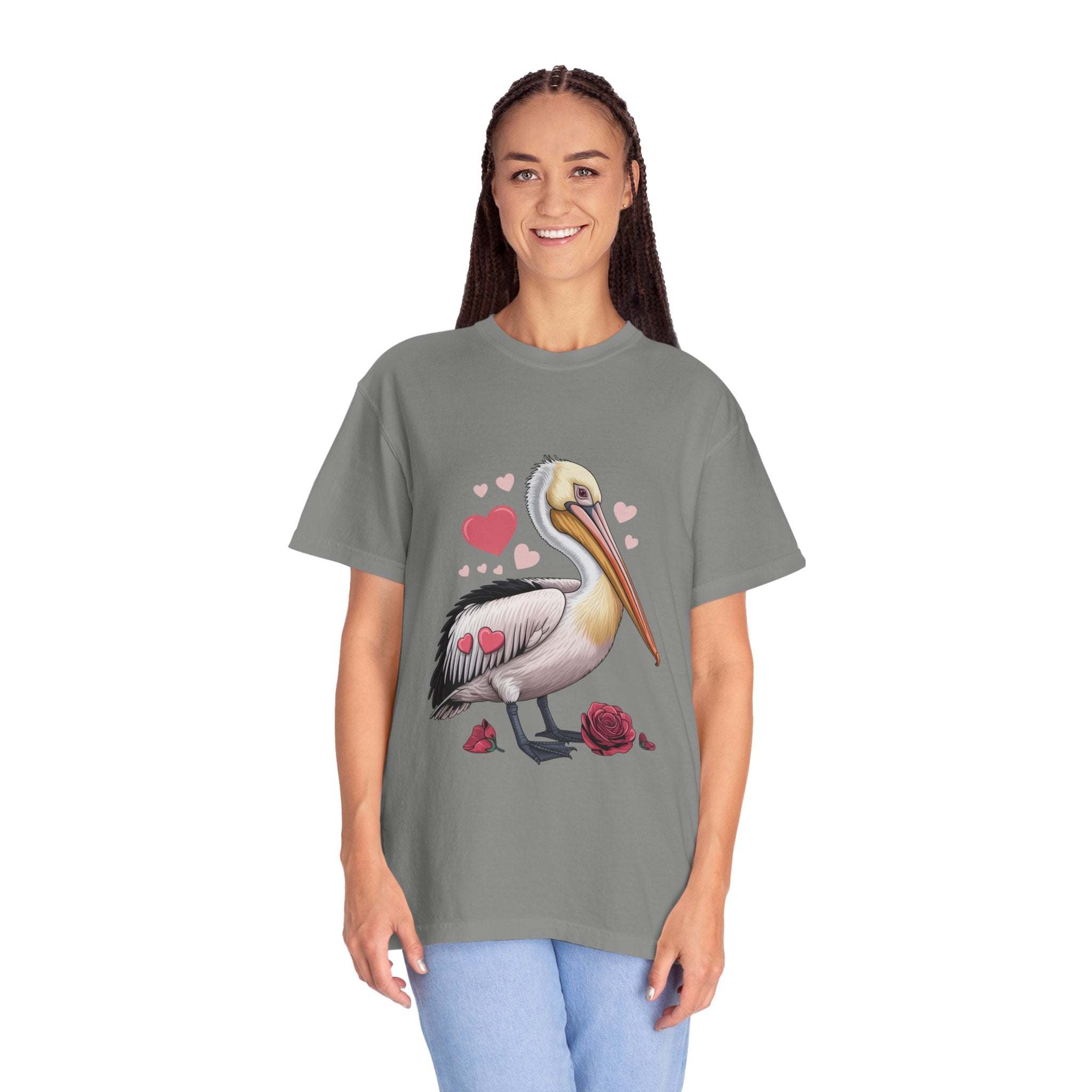 Valentine Pelican Hearts T-Shirt with vintage coastal design and relaxed fit