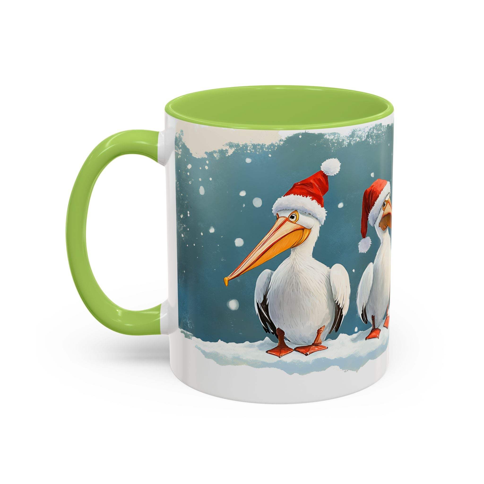 Mug with Christmas design featuring pelicans wearing Santa hats on a snowy background.