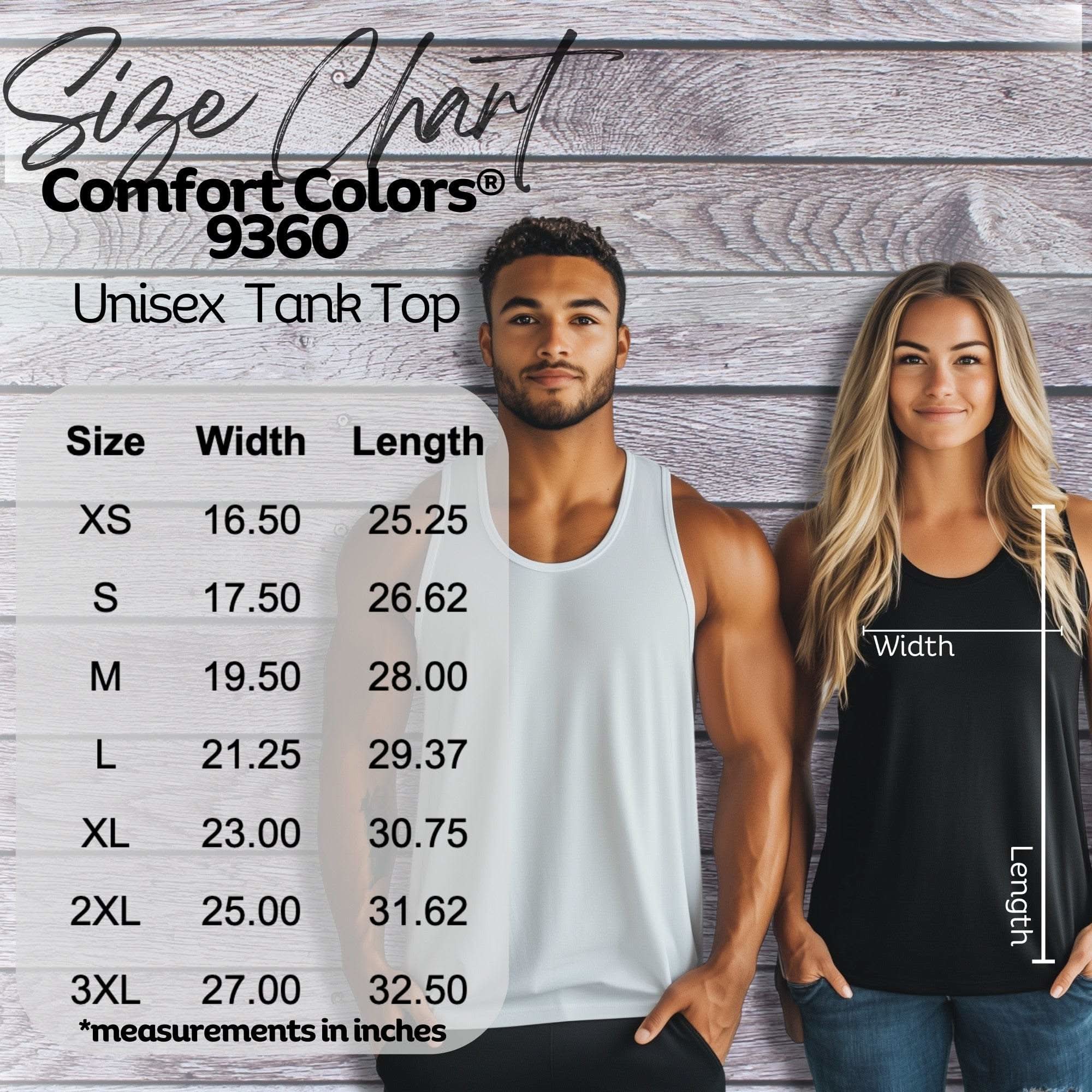 Unisex tank top size chart showing width and length measurements in inches for Comfort Colors 9360 style