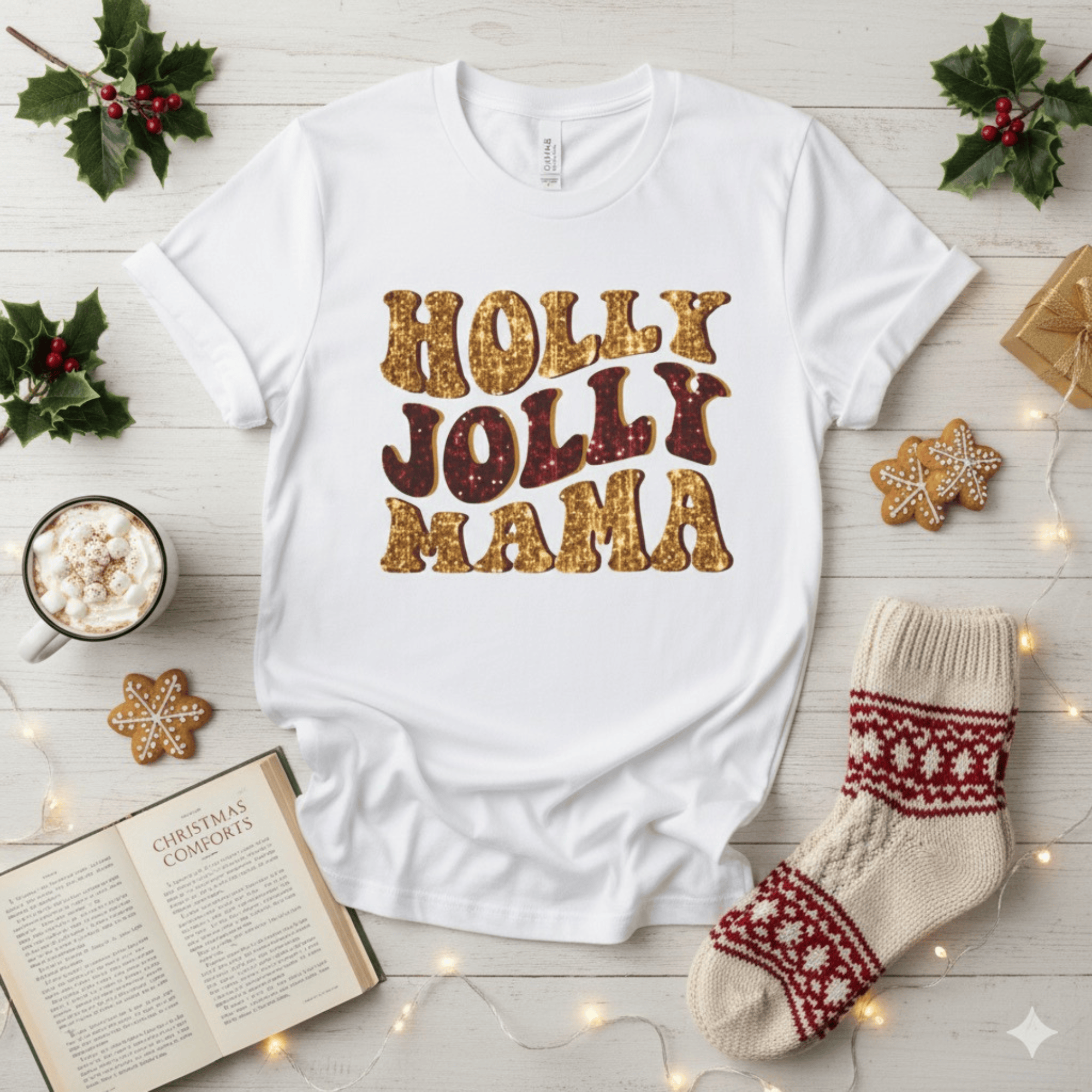 White Faux Glitter Holly Jolly Mama t-shirt with festive holiday props and cozy knit sock on wooden background