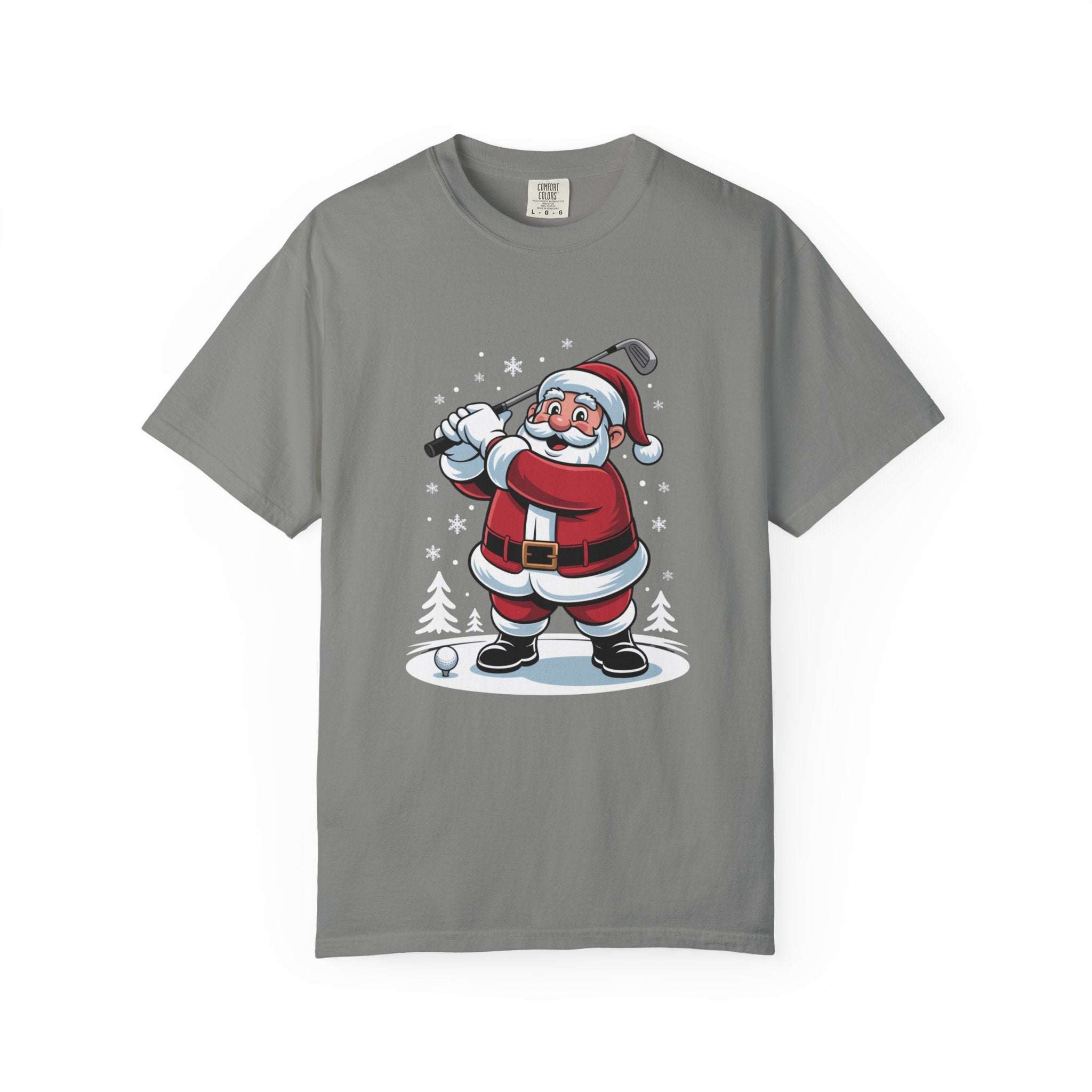 True Navy unisex t-shirt featuring a Santa golfing graphic, perfect for Christmas and festive occasions by Printify
