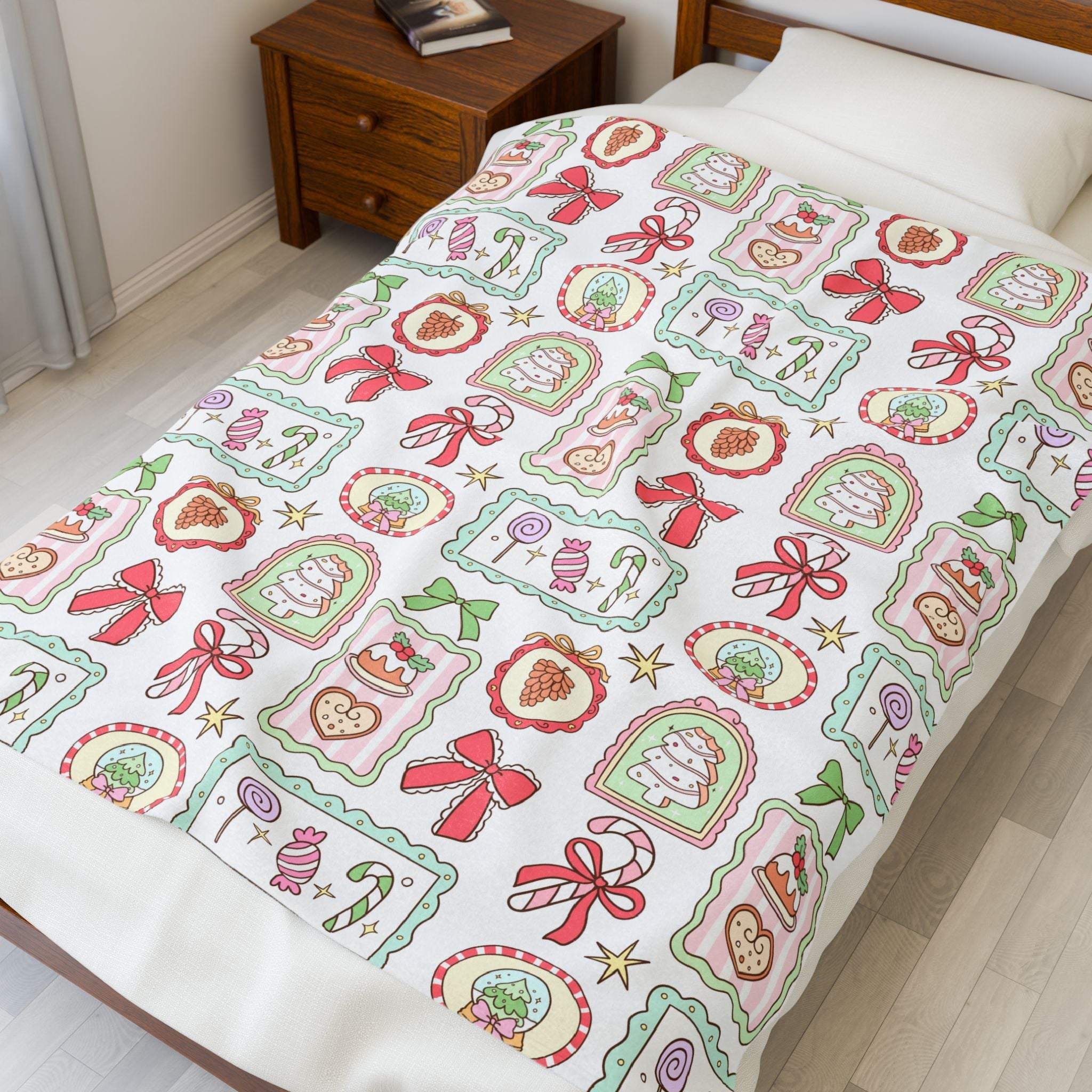 velveteen plush blanket with retro Christmas frames on bed in cozy room