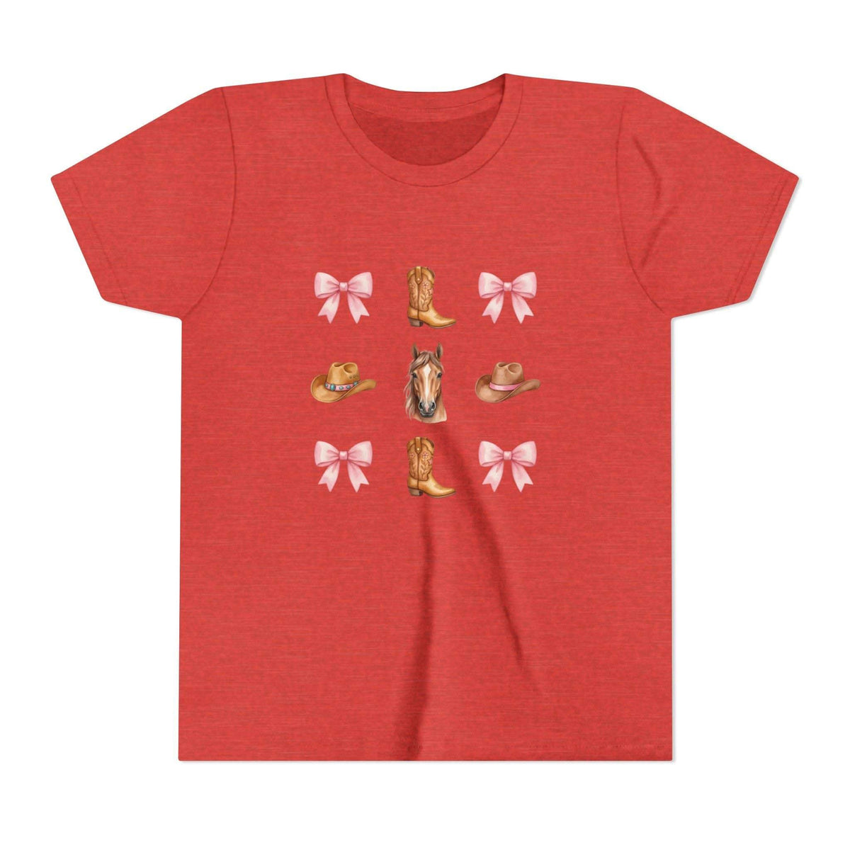 Youth pink t-shirt with cowboy horse, boots, pink bows, and Western hat design