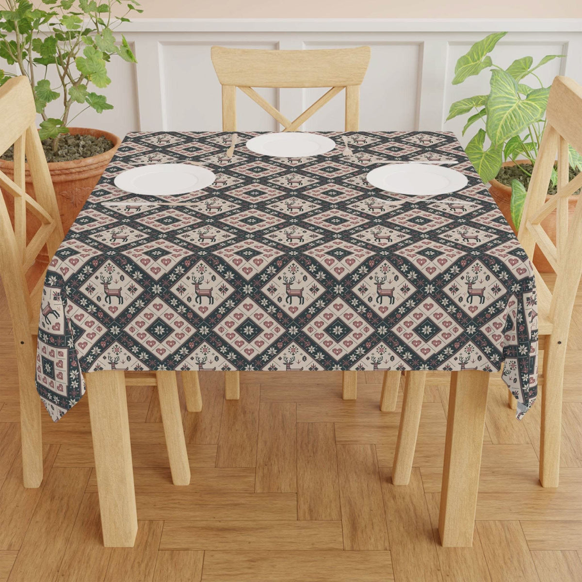 Tablecloth Winter Nordic Scandinavian with authentic winter patterns on a dining table