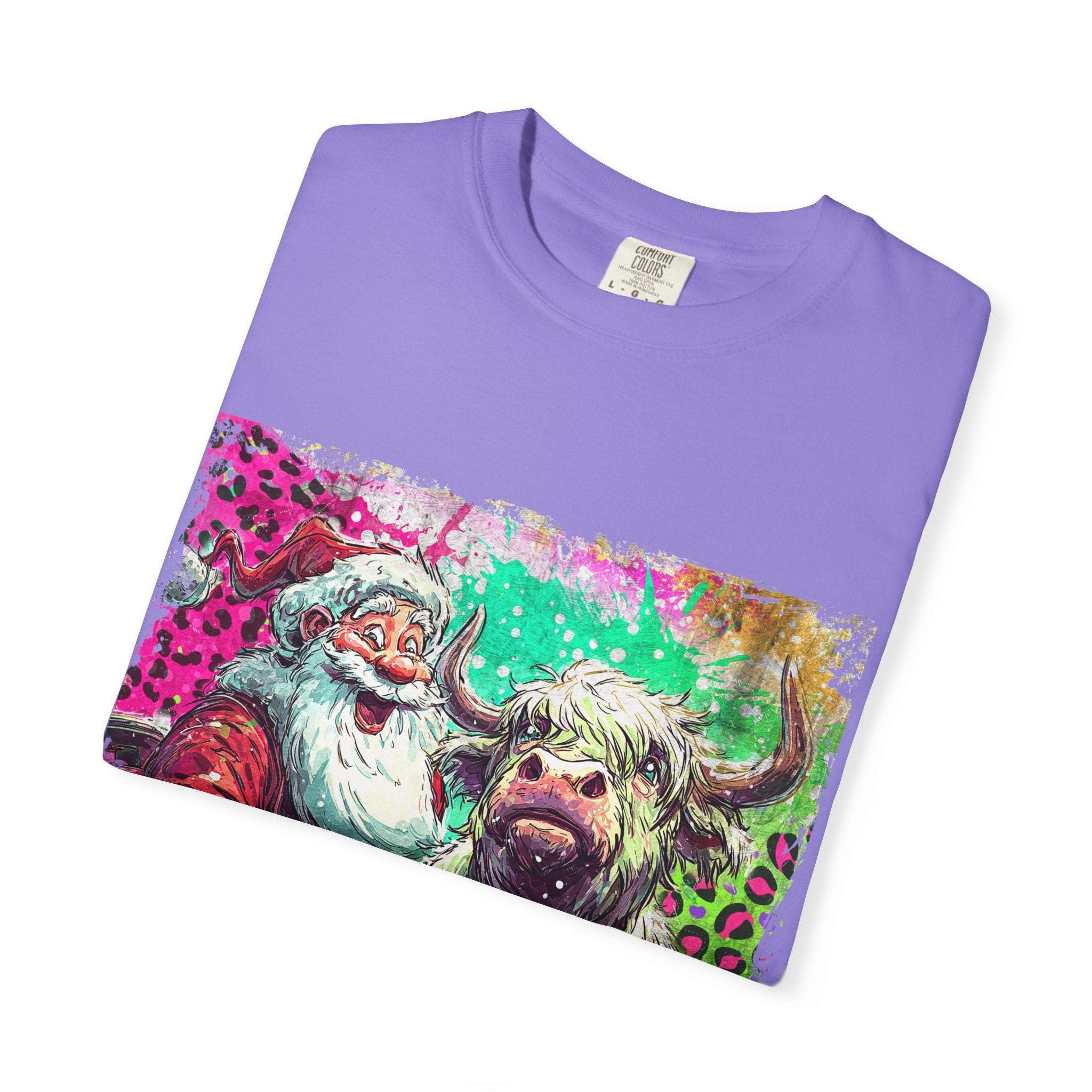 Retro Santa and Highland Cow graphic on a black t-shirt by Printify, perfect for festive holiday wear.