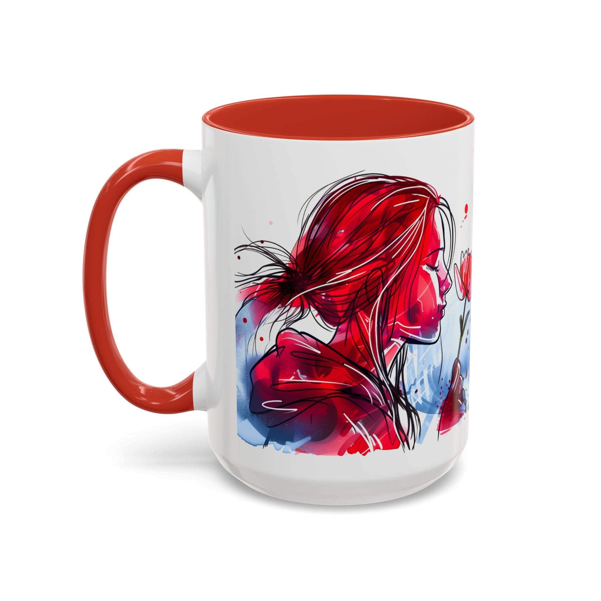 Valentines Floral Love Accent Coffee Mug with red interior and handle featuring romantic heart and floral design on white ceramic