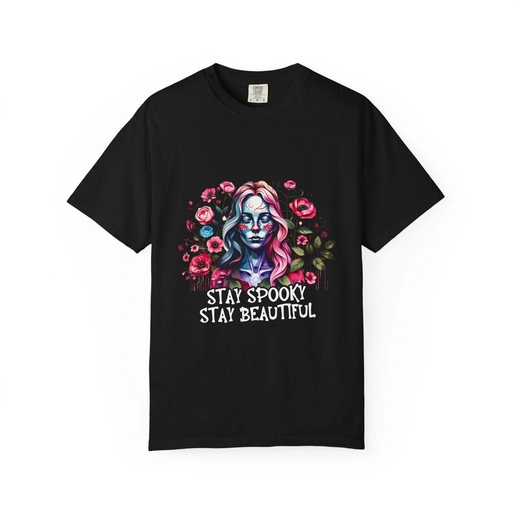 Black floral skeleton t-shirt with colorful spooky woman graphic and "Stay Spooky Stay Beautiful" text