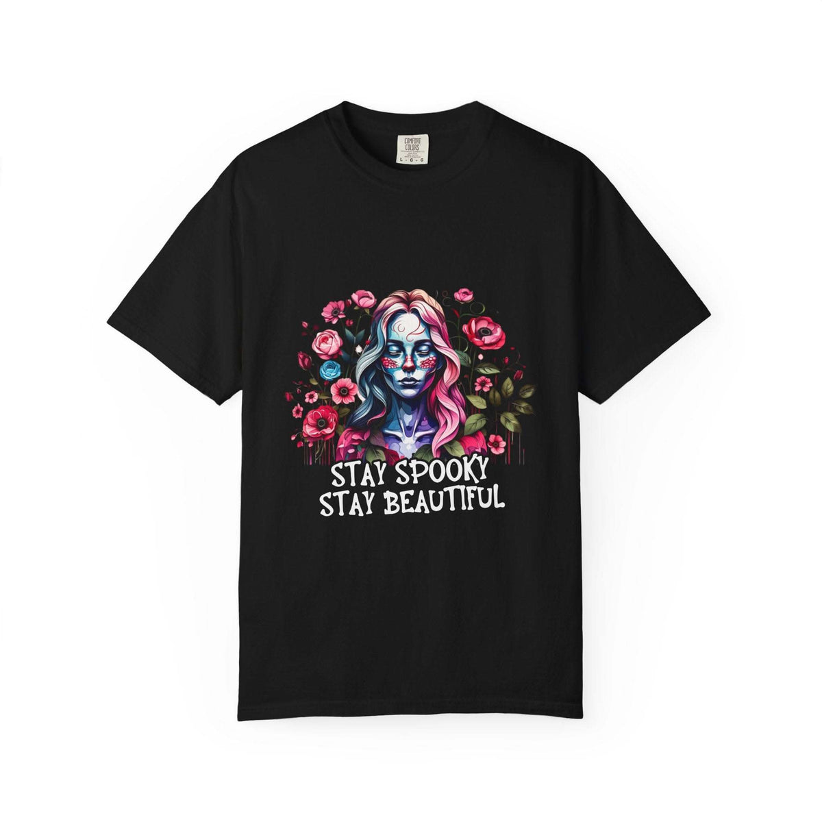 Black floral skeleton t-shirt with colorful spooky woman graphic and "Stay Spooky Stay Beautiful" text
