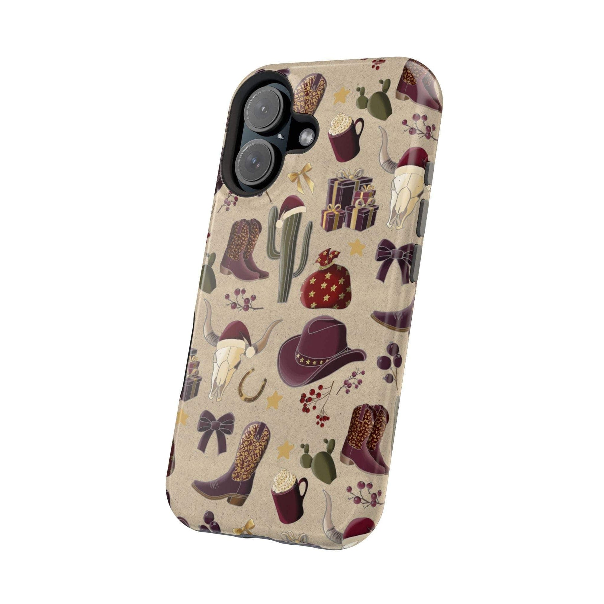 Cowboy Christmas design phone case for iPhone 17 in glossy finish by Printify, featuring festive colors and patterns.