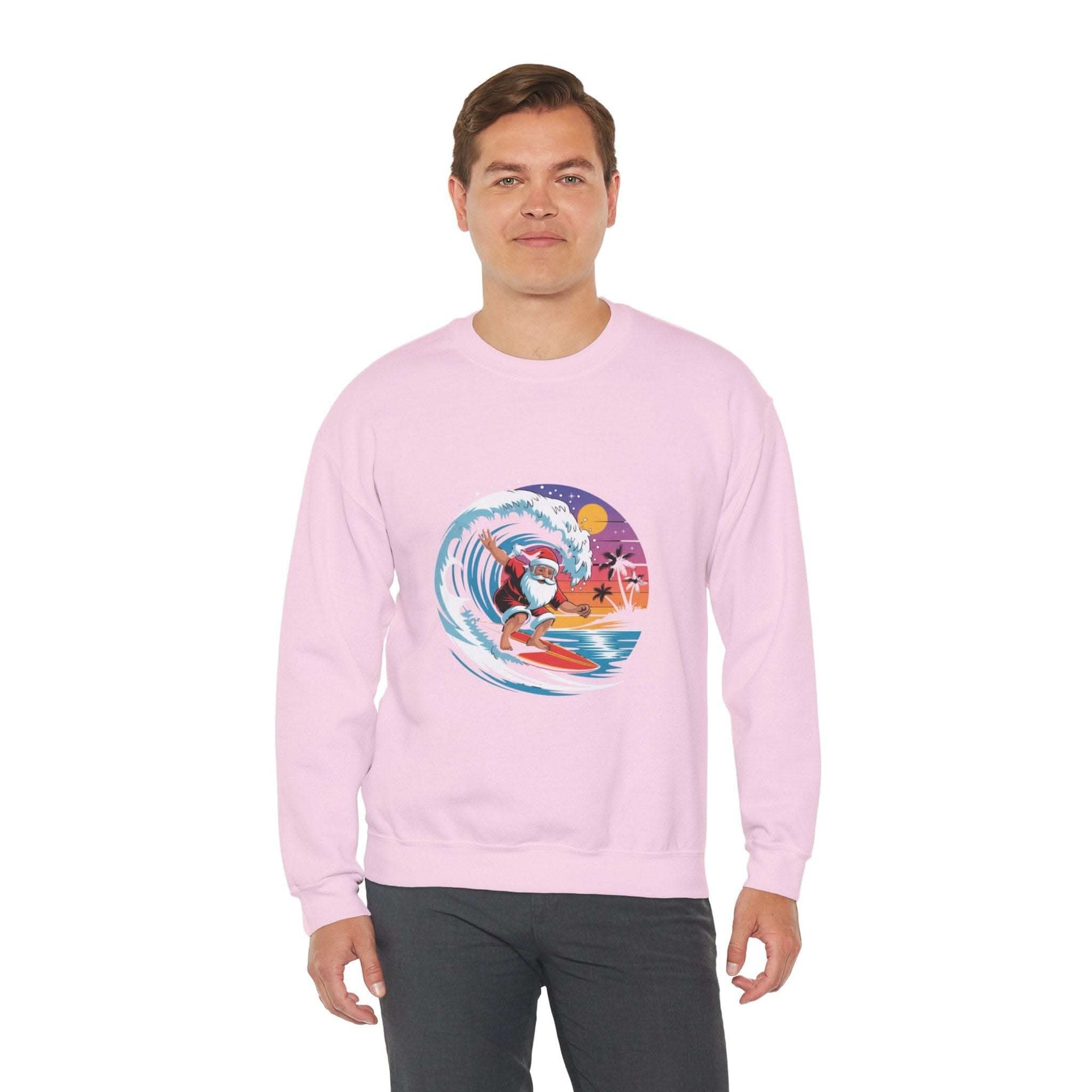 Navy Santa sweatshirt featuring a surfing design, perfect for holiday beachwear by Printify.