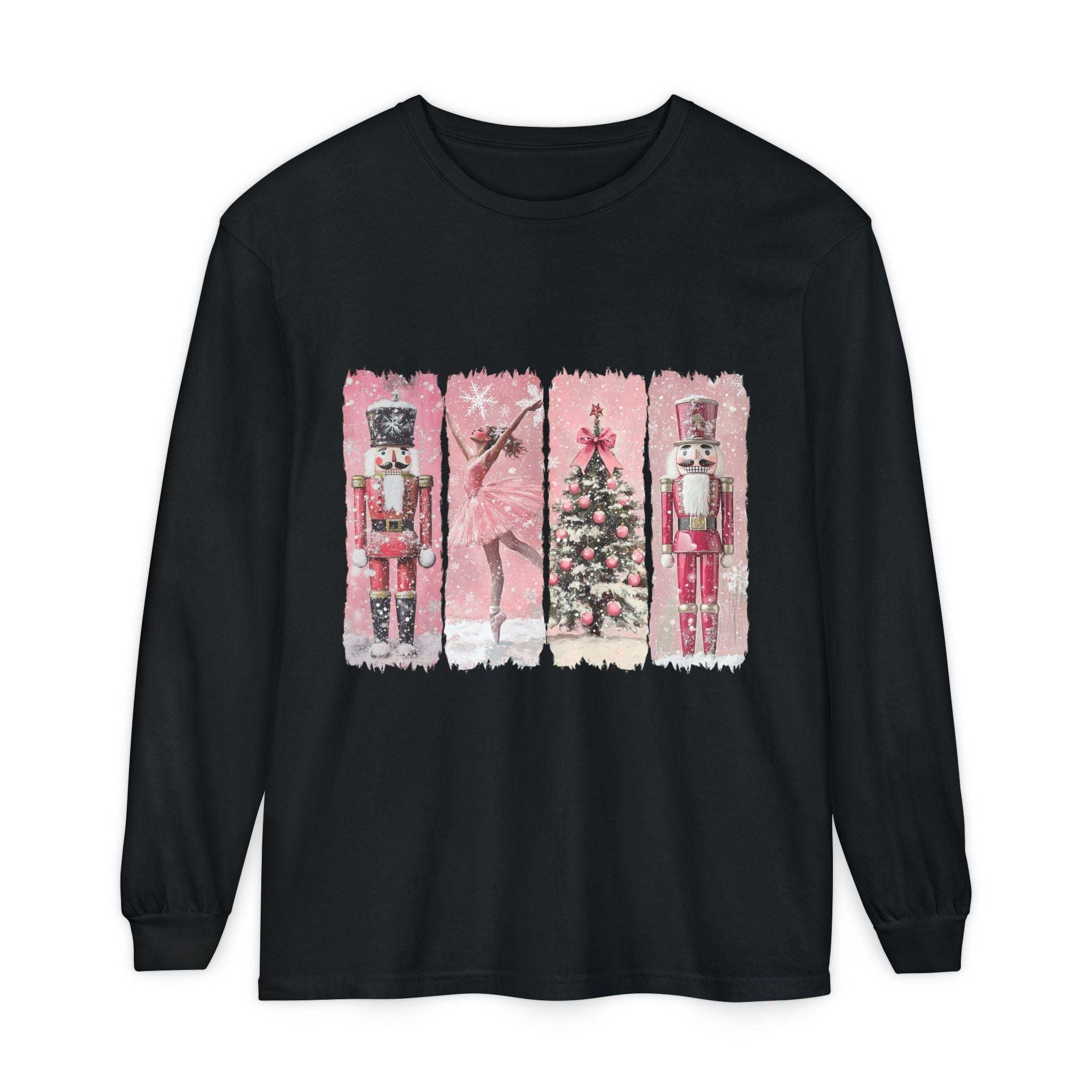 Black long sleeve t-shirt with pink watercolor Nutcracker Christmas design