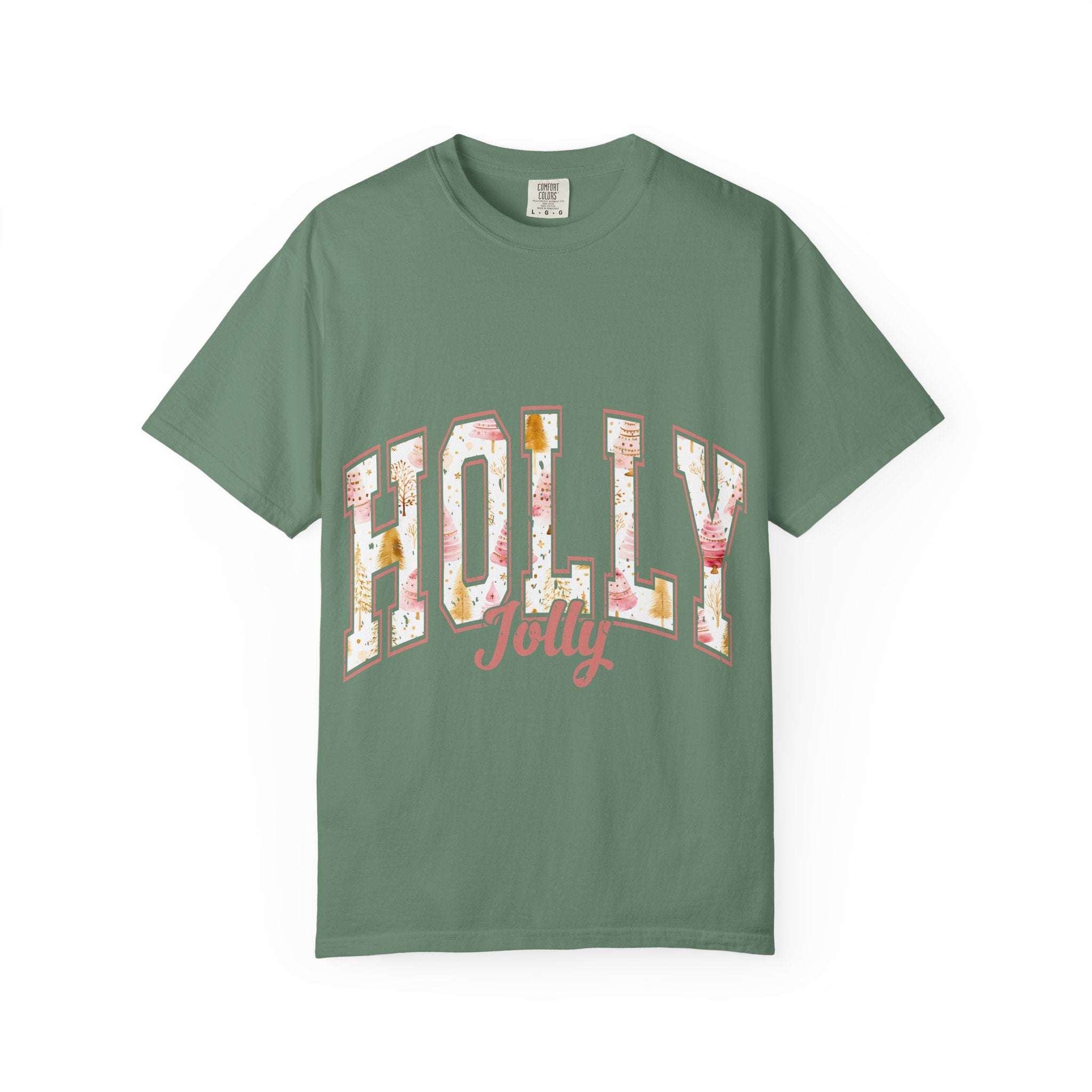 Green Varsity Holly Jolly T-shirt with festive text design, unisex garment-dyed cotton tee