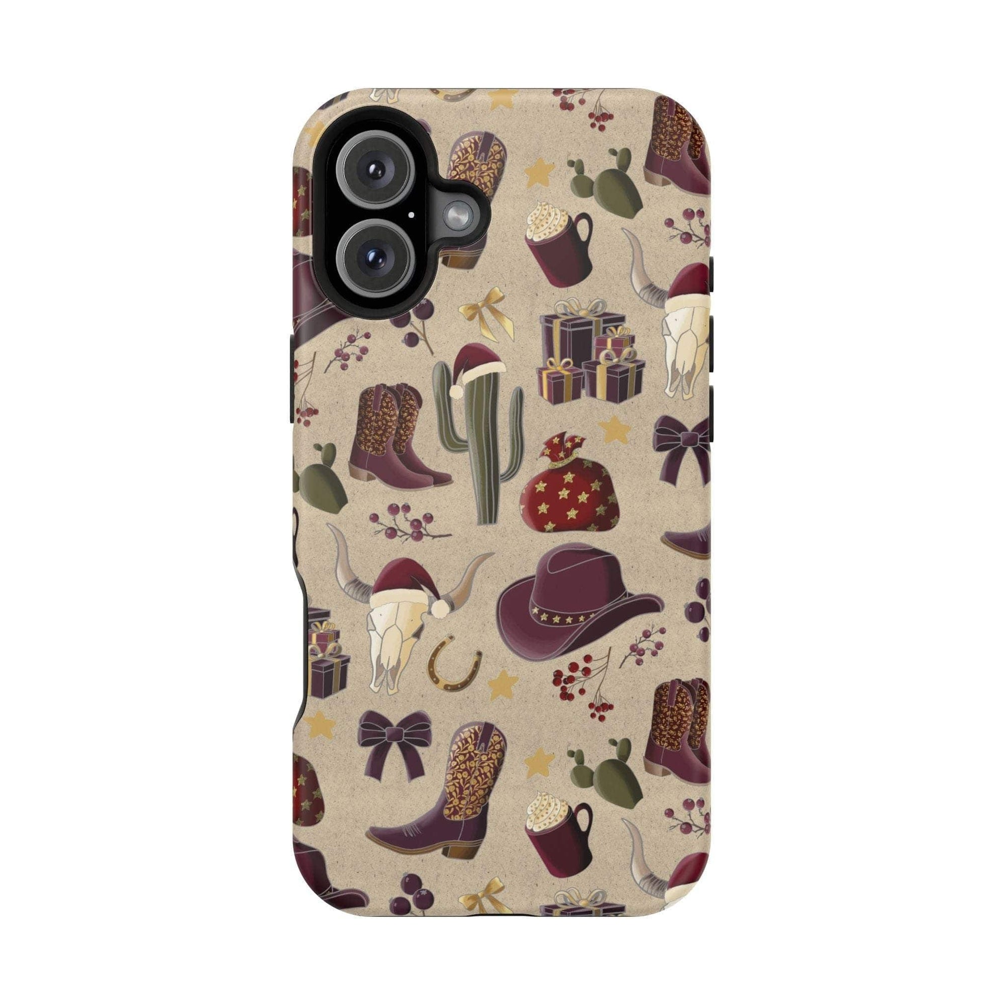 Cowboy Christmas design phone case for iPhone 17 in glossy finish by Printify, featuring festive colors and patterns.
