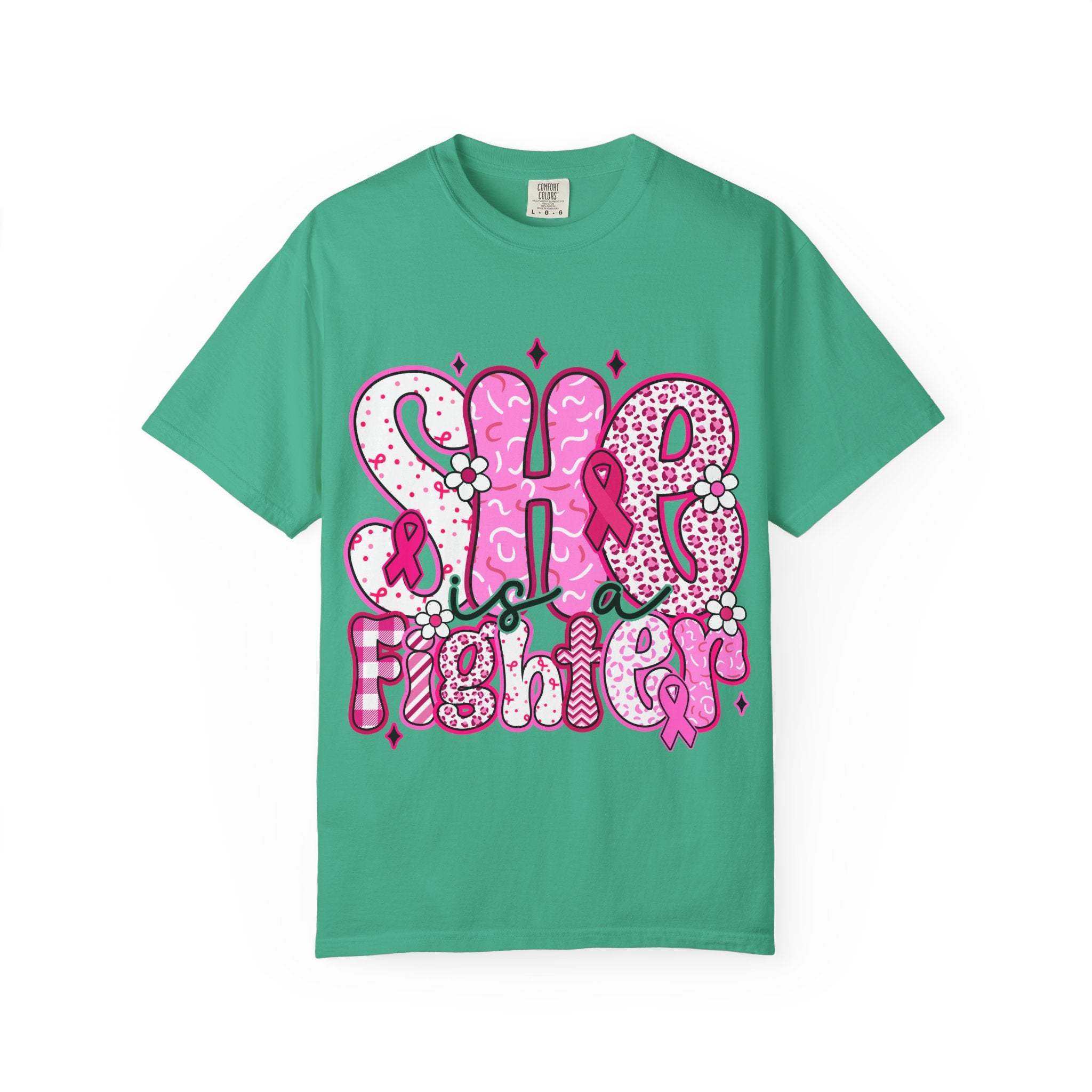 Black unisex cotton t-shirt featuring 'Fighter Breast Cancer' graphic for awareness support