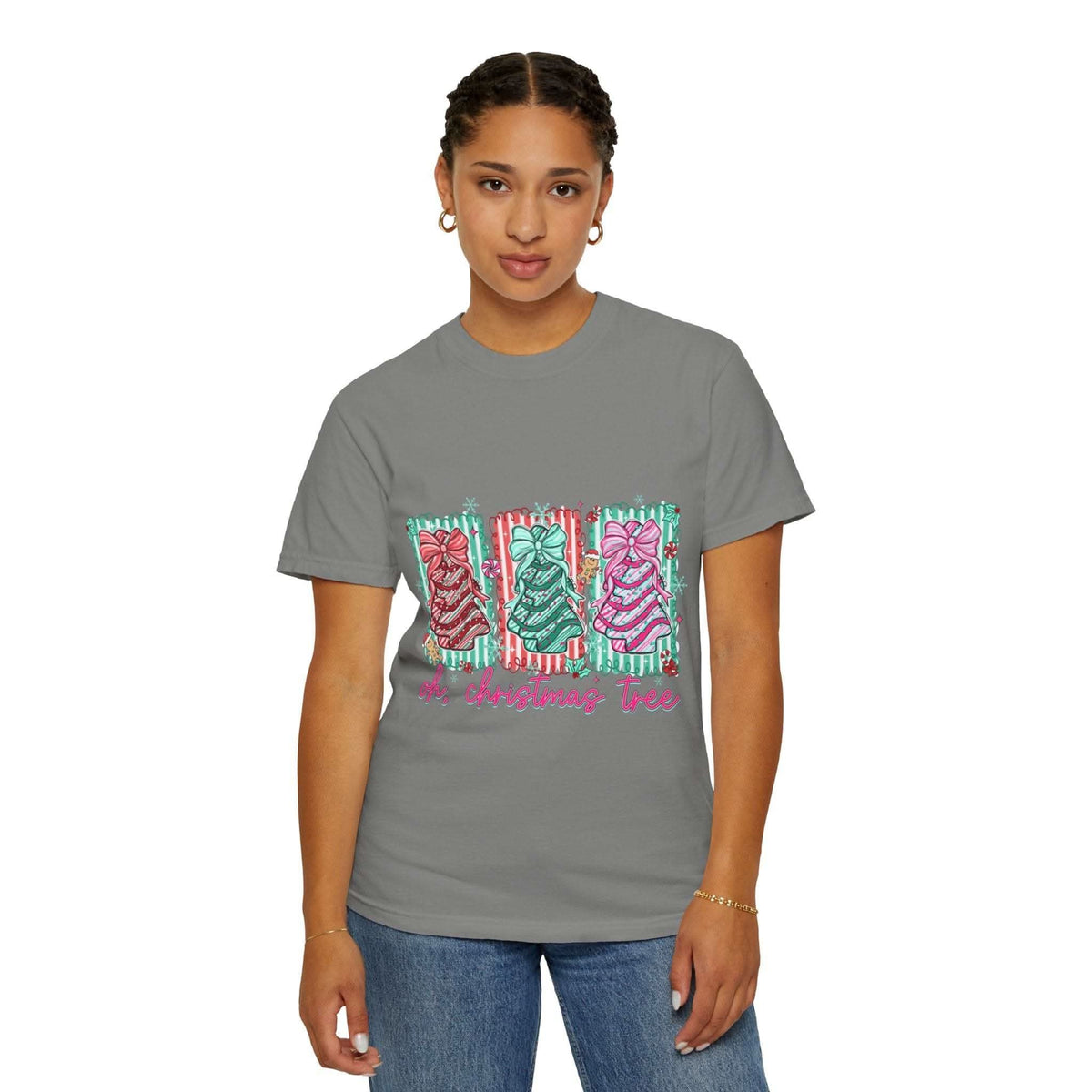 Woman wearing gray Oh Christmas Tree T-shirt with festive tree design and holiday text