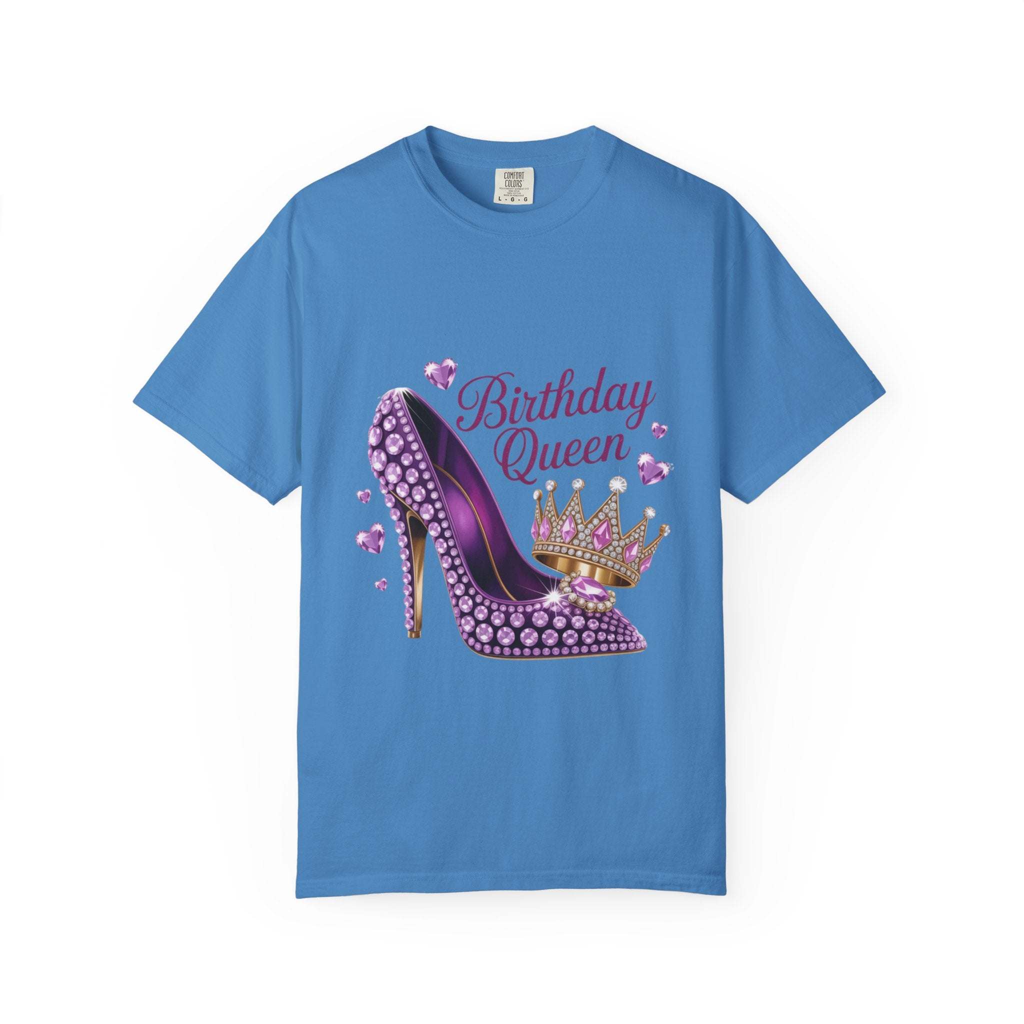 Birthday Queen high heel graphic on black cotton t-shirt by Printify, stylish and perfect for birthday celebrations.