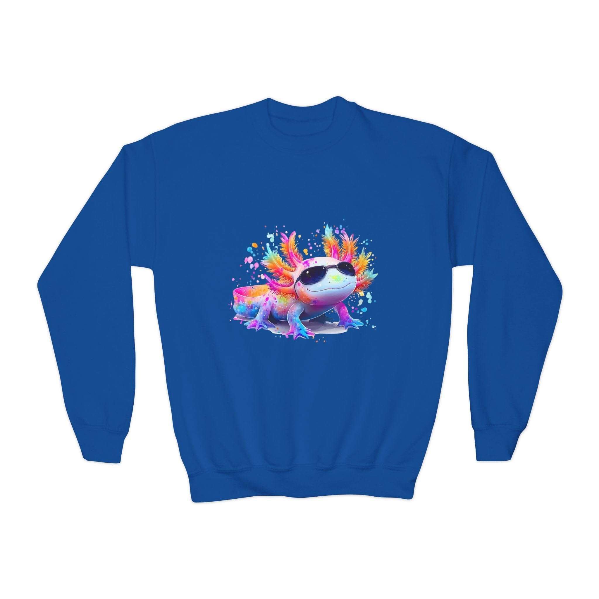 Maroon Rainbow Axolotl sweatshirt for kids by Printify, featuring a colorful axolotl design