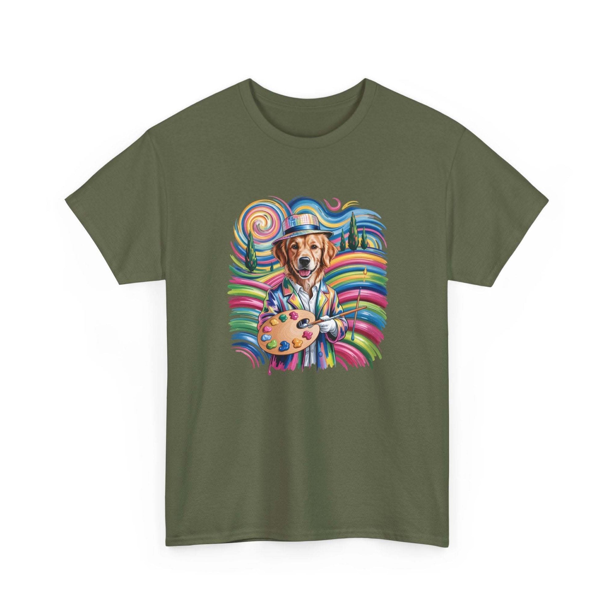 Golden retriever in beret holding paint palette with rainbow swirls on colorful artist dog T-shirt