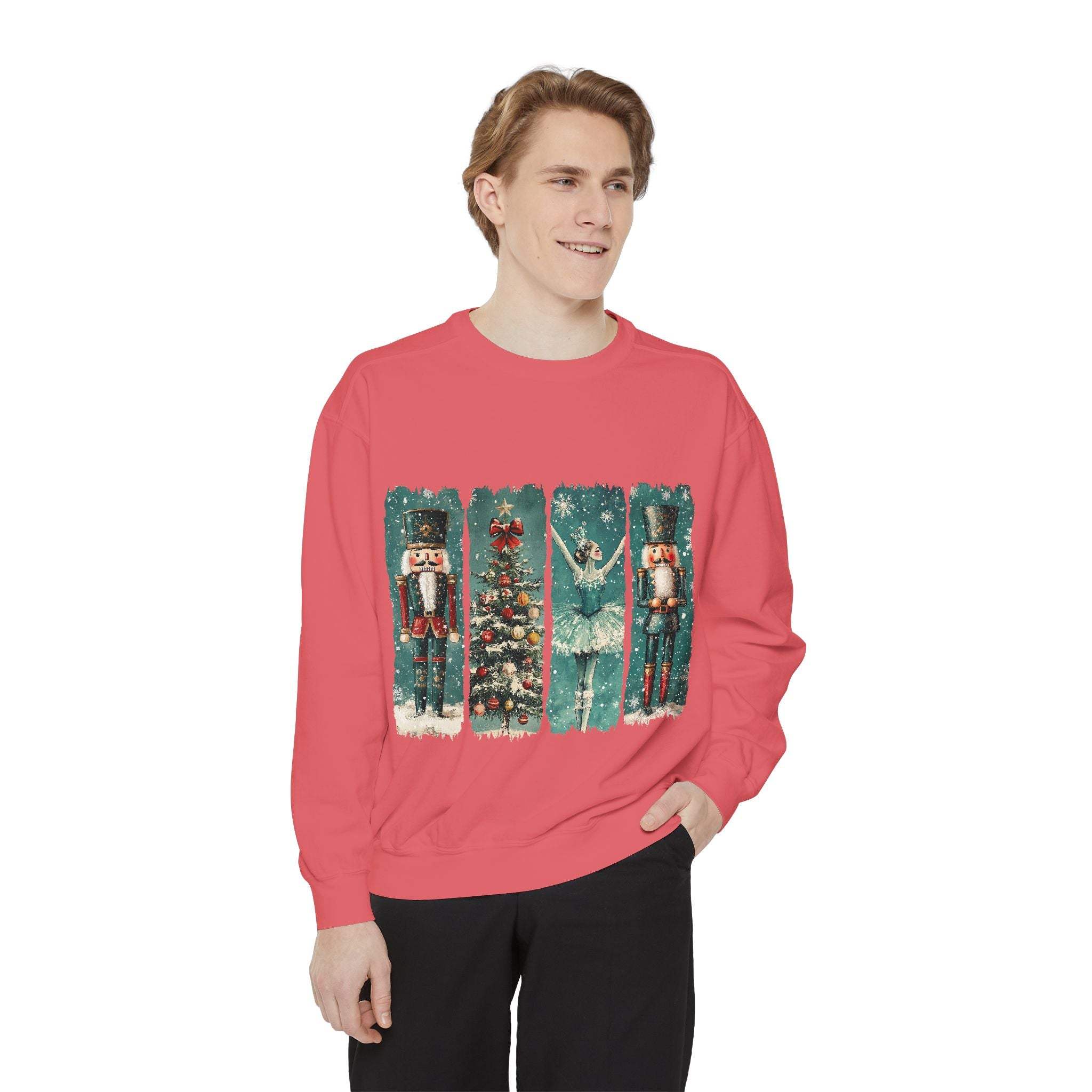 Man wearing vintage Christmas nutcracker sweatshirt with watercolor nutcracker and ballet dancer design