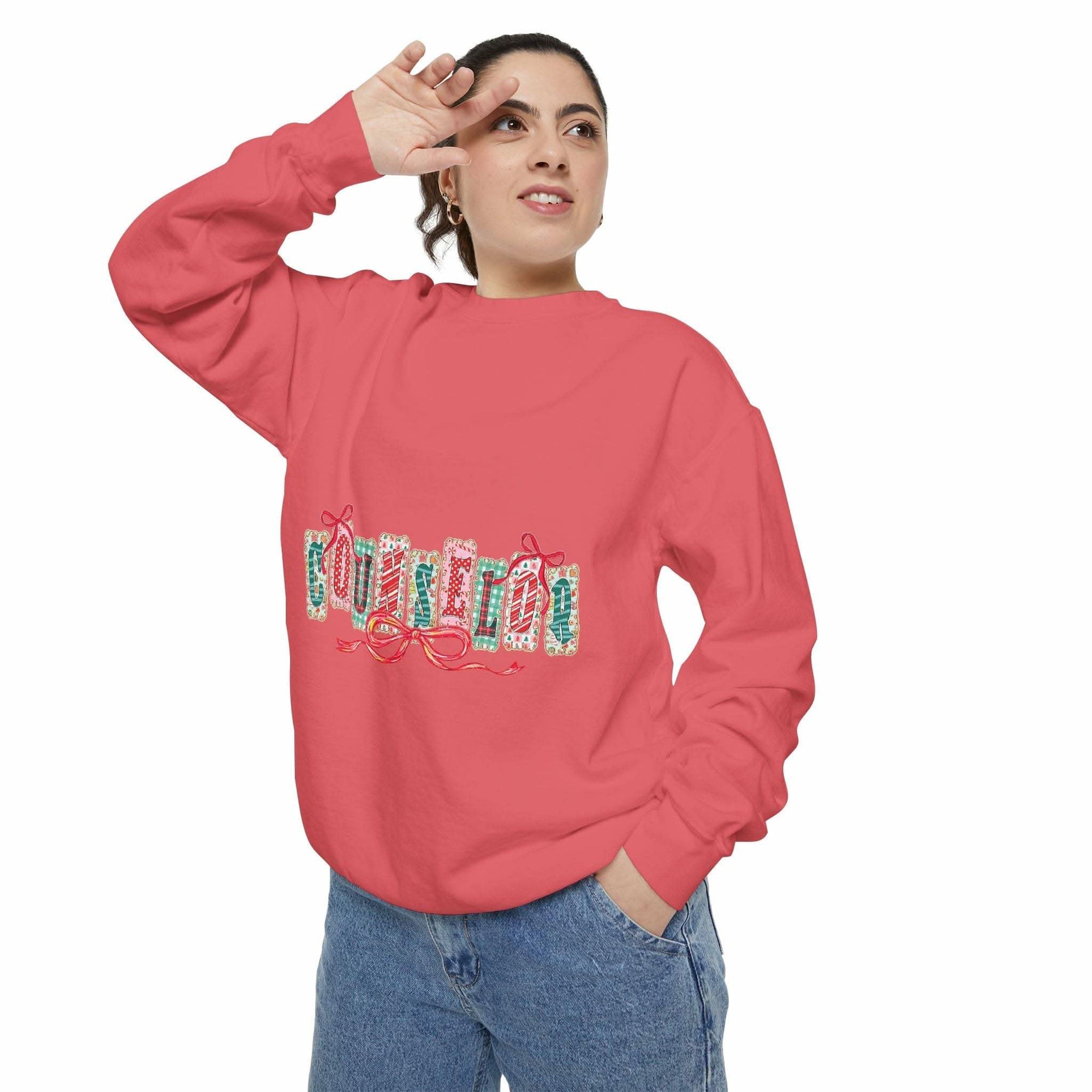 Garment-dyed True Navy sweatshirt with festive Christmas design, perfect for holiday gifting, by Printify