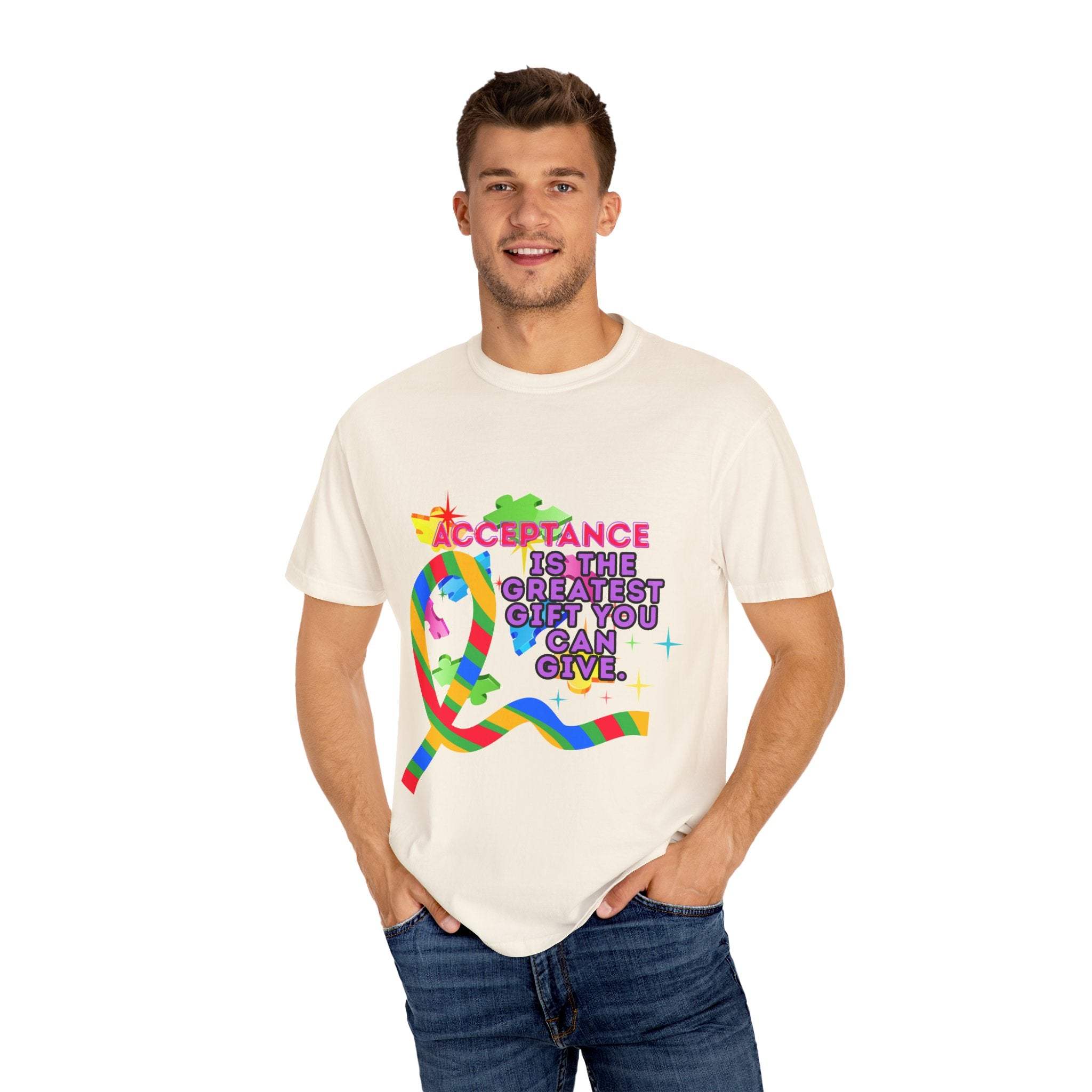 Garment-Dyed T-shirt with Autism Acceptance design promoting inclusivity and awareness