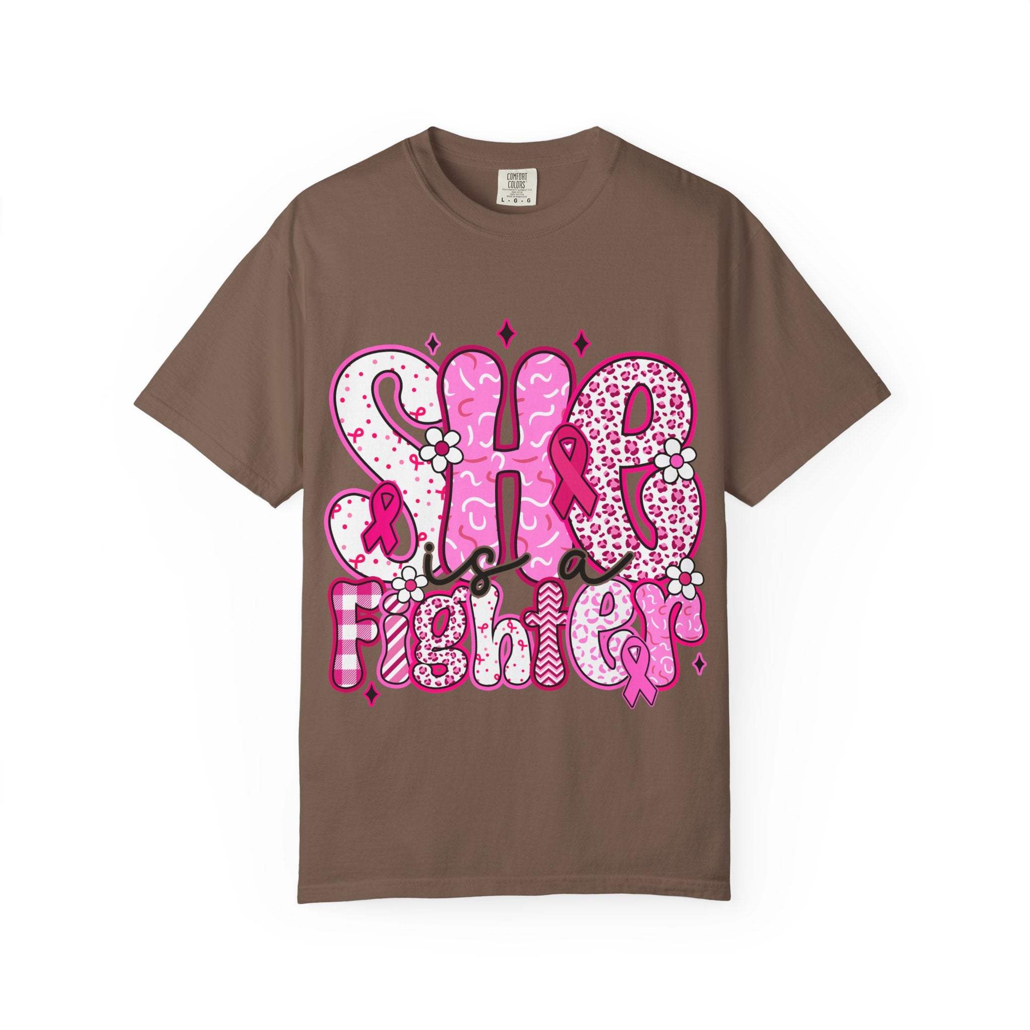 Unisex black cotton t-shirt with 'Fighter Breast Cancer' print, supportive design for breast cancer awareness, by Printify