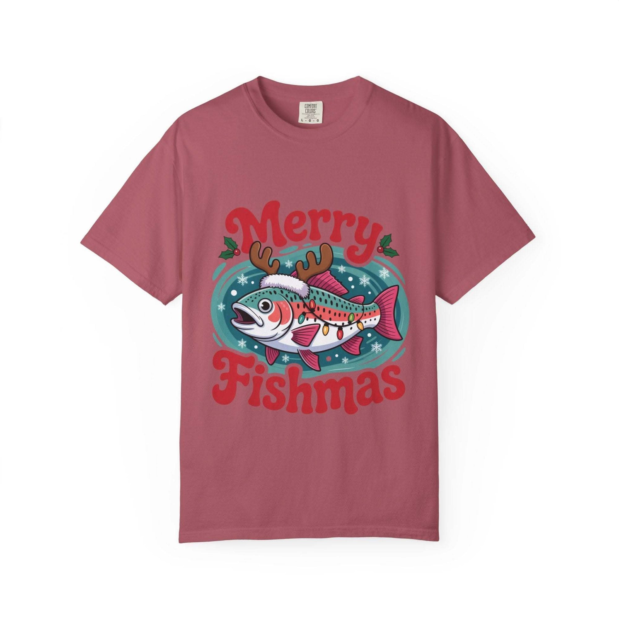 True Navy garment-dyed t-shirt featuring Merry Fishmas design for fishermen, by Printify