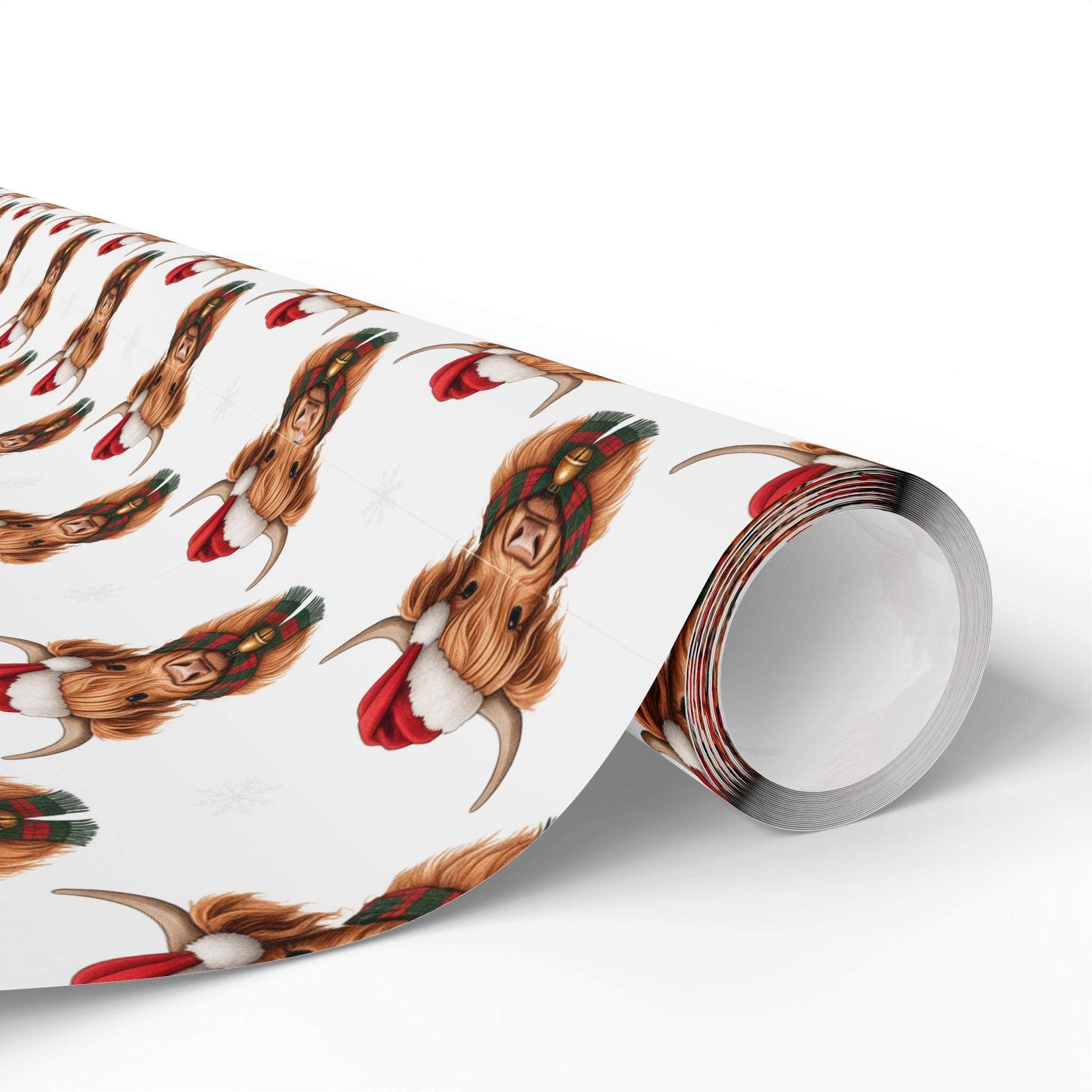 Roll of gift wrapping paper with Santa Highland Cows design on white background